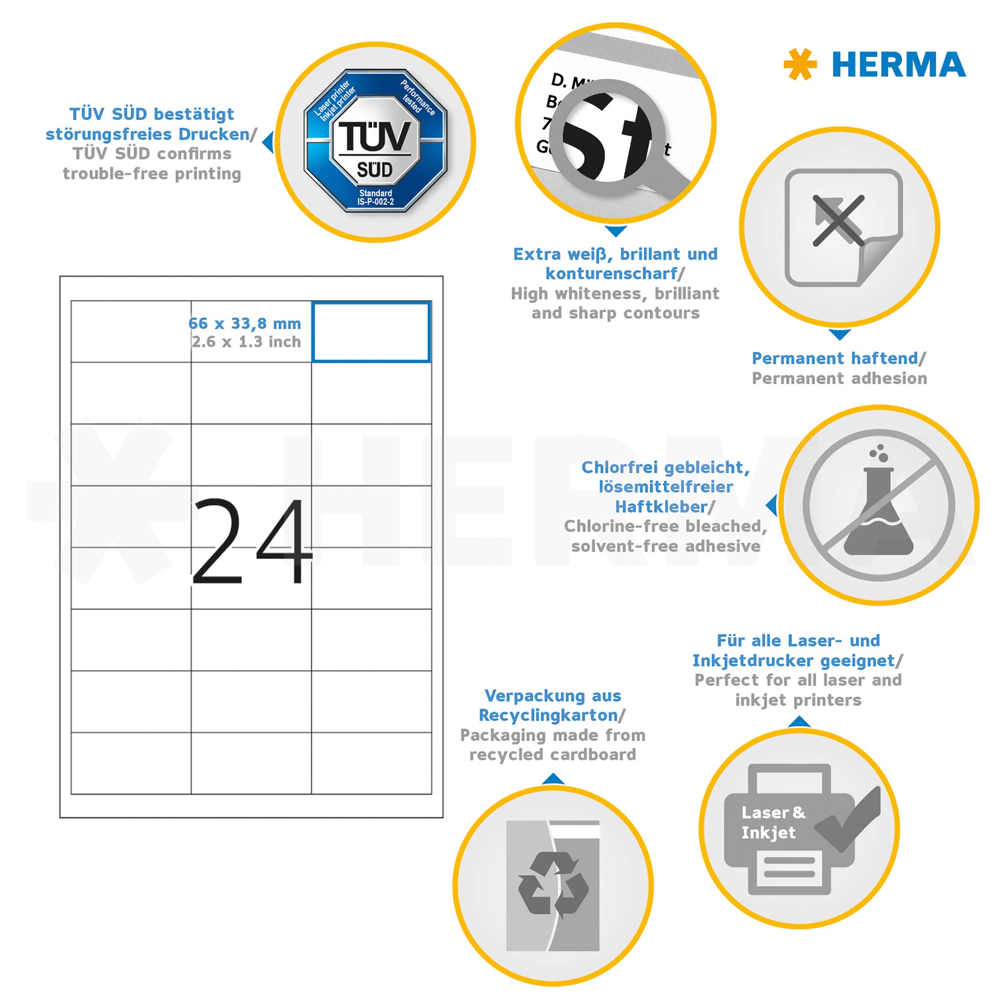 HERMA 5053 Adressetiketten, 25 Blatt, 66 x 33,8 mm, 24 pro A4 Bogen, 600 Stück, selbstklebend, bedruckbar, matt, blanko Papier Adressaufkleber Etiketten, weiß