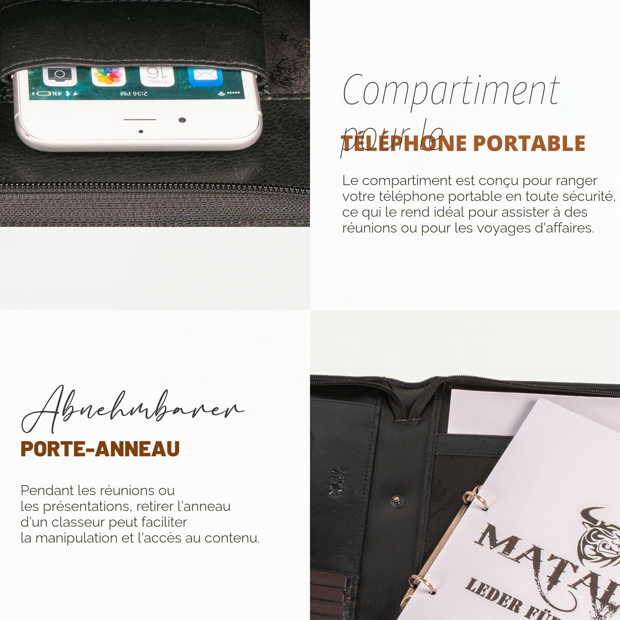Matador Porte-documents cuir véritable A4 noir avec fermeture éclair poche tablette classeur à anneaux protection RFID