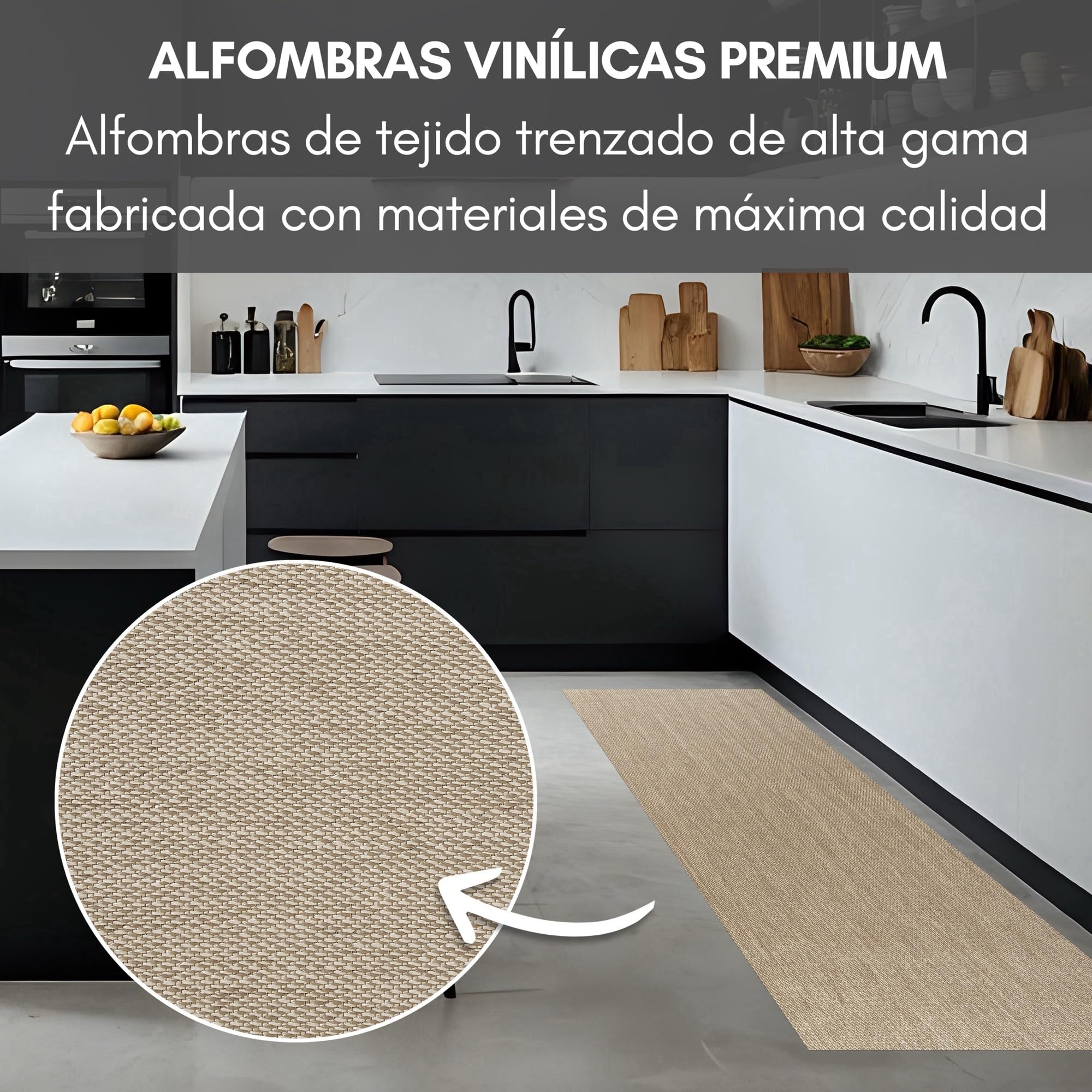 STORESDECO Alfombra Vinílica Cocina de Tejido Trenzado Premium de Alta Gama. Lavable Antideslizante Antimanchas y extraplana. Alfombras Resistentes Máxima Calidad Color Beige 60x90 cm