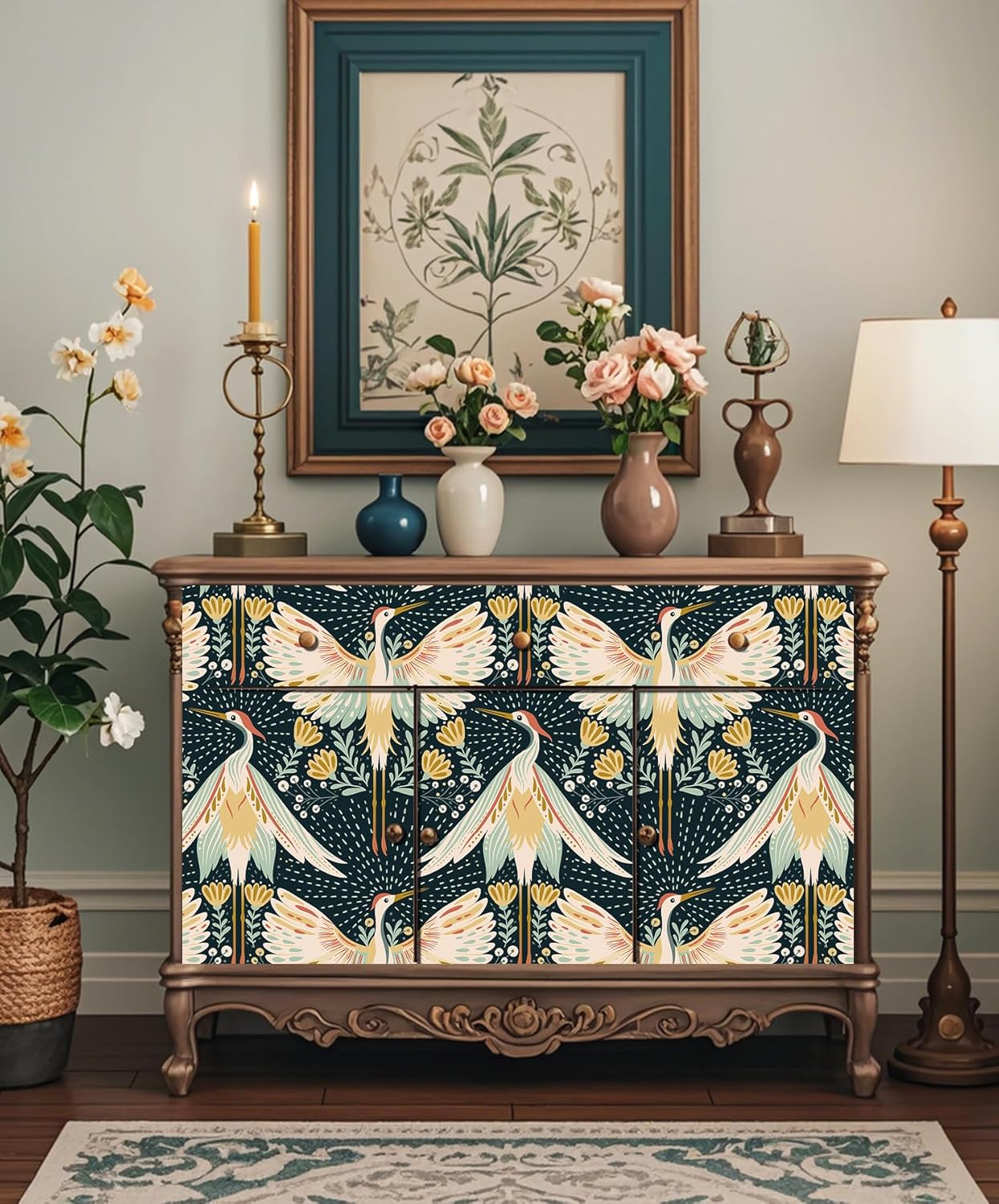 HAOKHOME Crane Wallpaper Peel and Stick Boho Floral Bird Dots Wall Paper Japanese Chinoiserie Dark Green/Beige/Yellow Accent Wall Decor 17.3in x 32.8ft