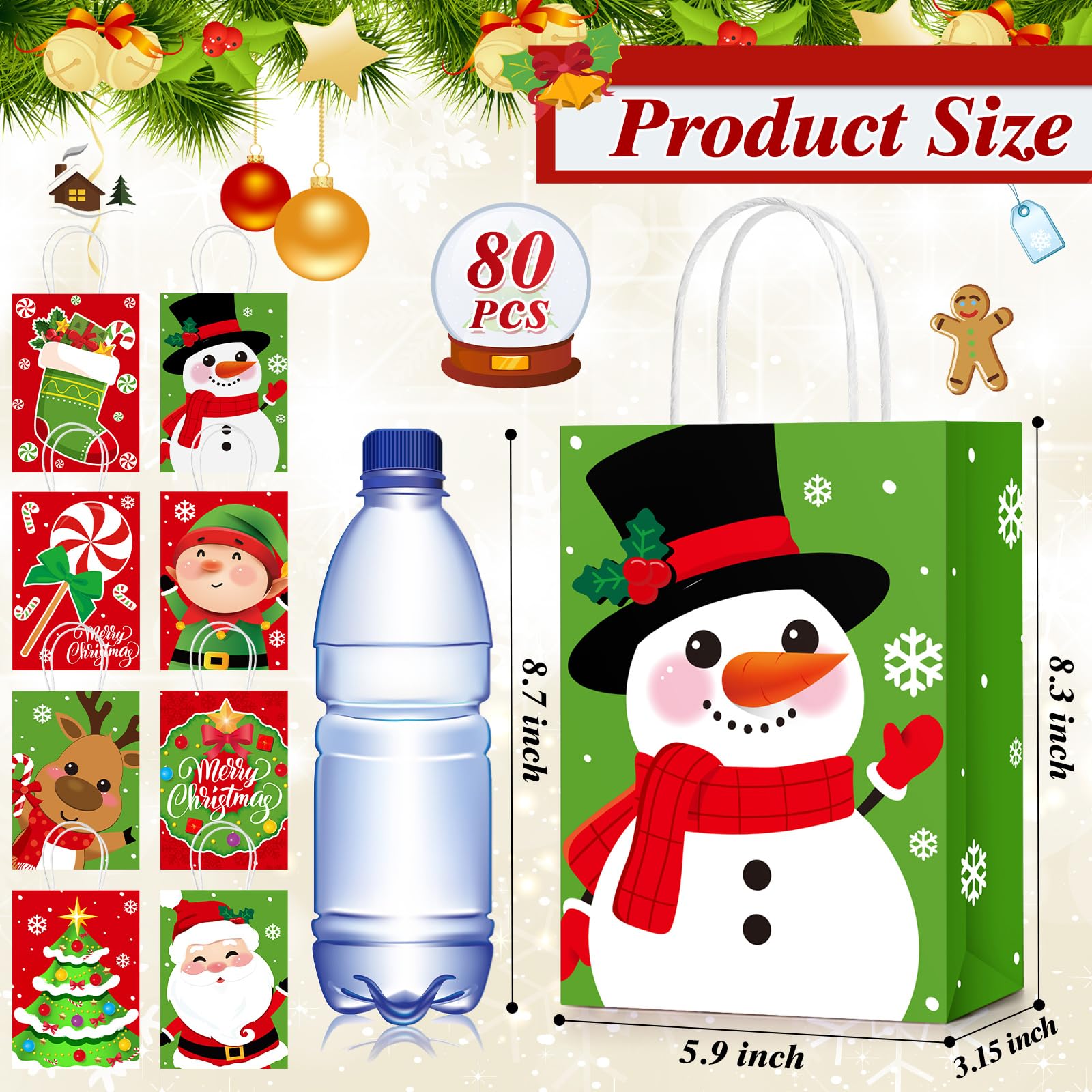 Yeaqee Lot de 80 petits sacs cadeaux de Noël en papier kraft avec poignées en vrac pour emballage cadeau de Noël, fournitures de fête de vacances, 21 x 15 x 8 cm (Père Noël, élan)