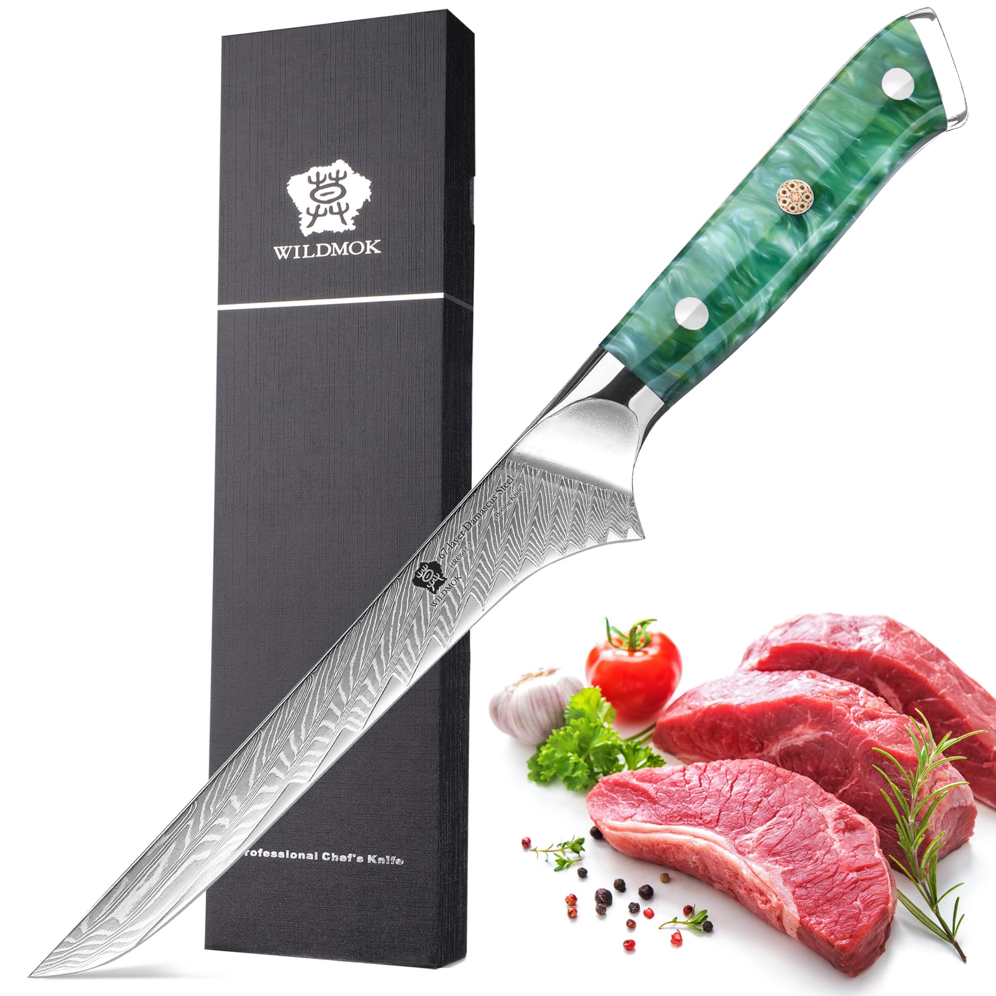 WILDMOK Damascus Boning Knife, 7 inch Super Sharp Fillet Knife, Japanese Damascus Steel, Full Tang Resin Handle, Includes Gift Box — Amazon image 16