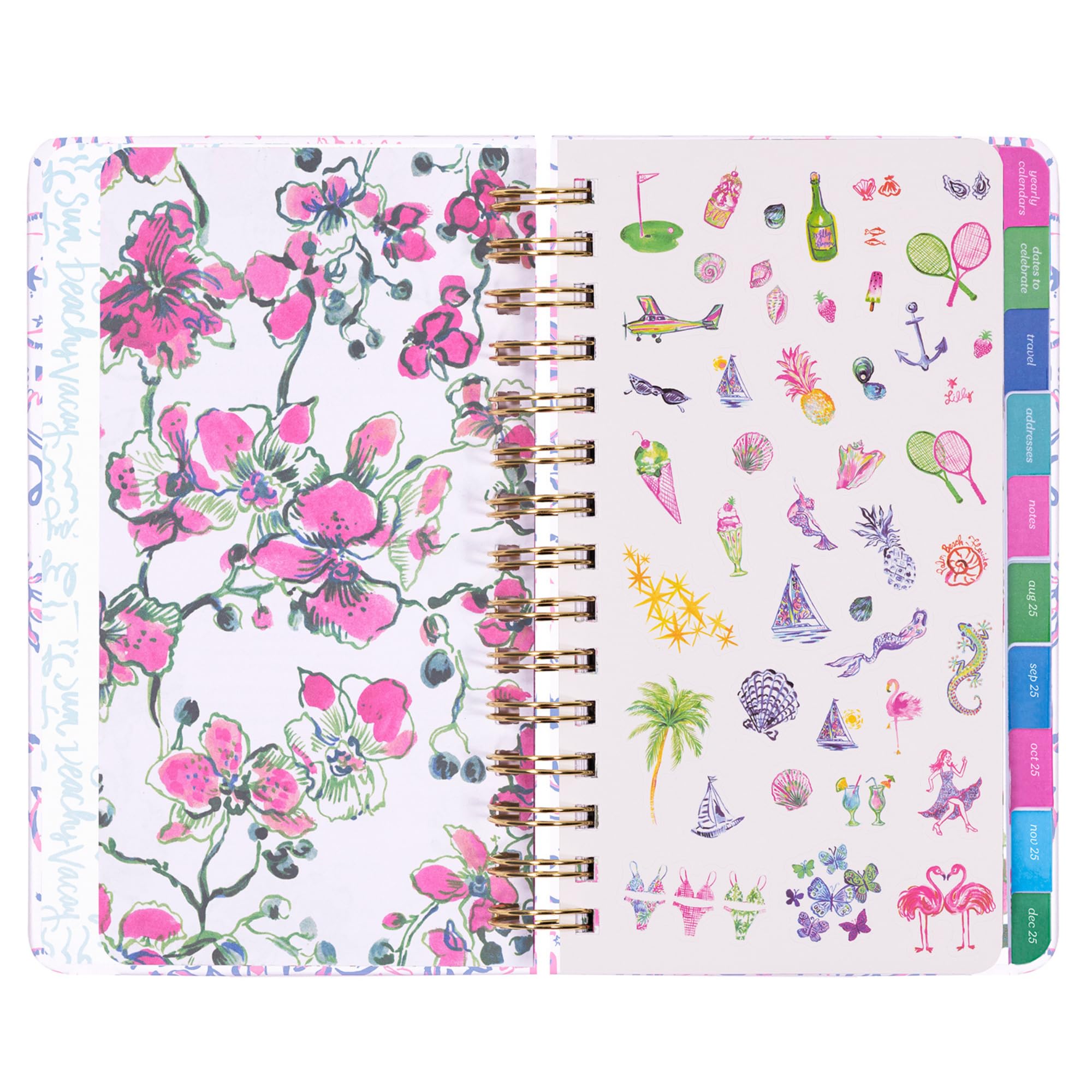 Lilly Pulitzer Agenda media agosto 2025 - dicembre 2026, agenda settimanale e calendario mensile, adesivi, tasche, rilegatura a spirale, 12,7 x 21 cm (Tis the Sea Sun)