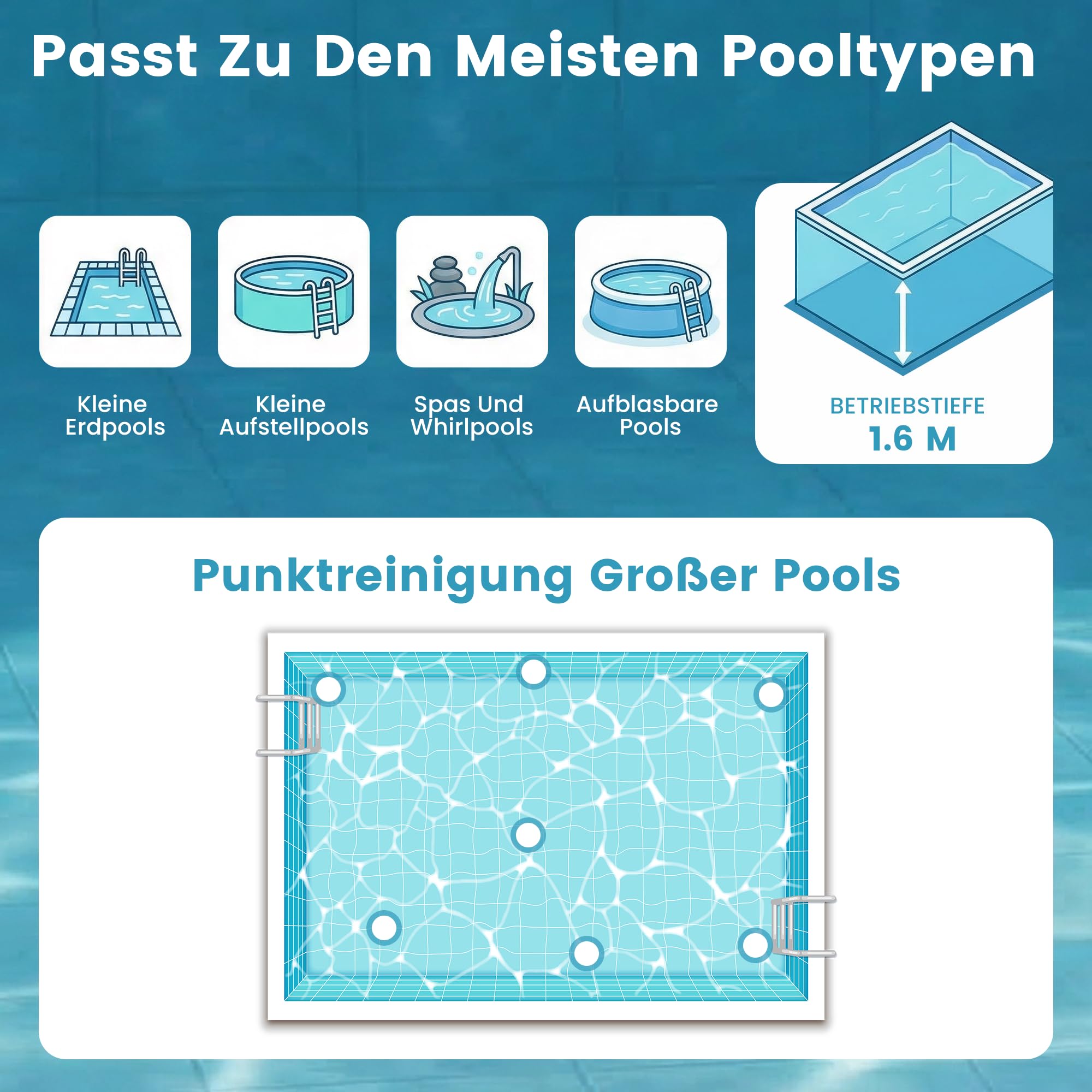 Aspirapolvere per piscina a batteria, senza fili, con autonomia fino a 60 minuti, con asta telescopica per vasca idromassaggio, spa, piccole piscine fuori terra e piscine per bambini