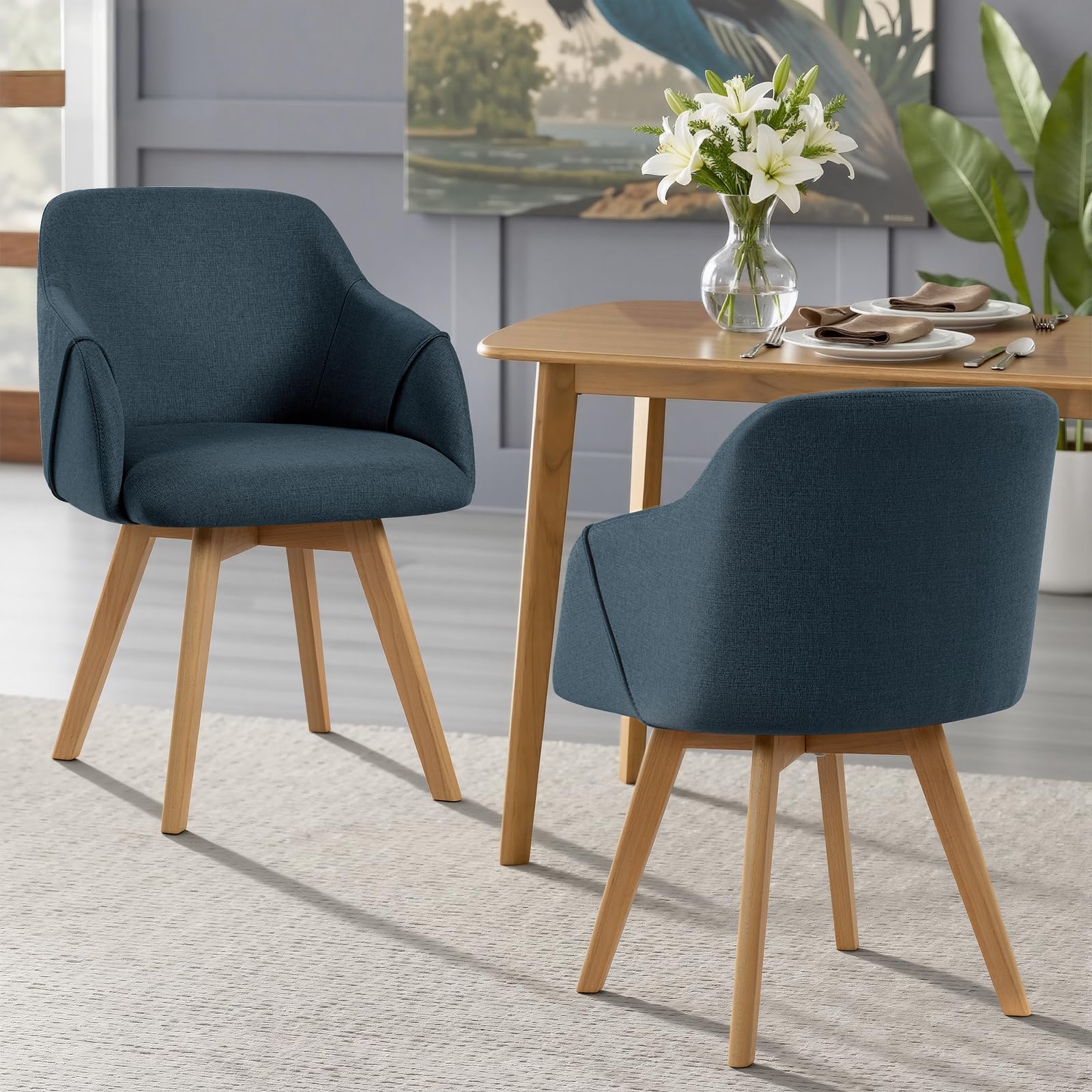 Bekrvio Swivel Dining Chairs Set of 2 with Arms, 360° Rotating Upholstered Chairs with Wide Padded Seat, Breathable Linen Fabric & Solid Beech Wood Legs for Kitchen & Dining Room