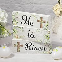 Vista 4 de Juego de 3 letreros de mesa de madera con texto en inglés "He Is Risen" para decoración de mesa de madera de Pascua, centro de mesa religioso