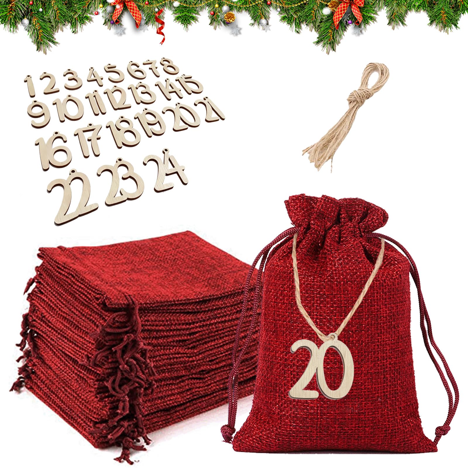Calendrier de Noël à Remplir 24 Pièces Sacs pour Calendrier de l'Avent Vide DIY Cadeaux Pochon Tissu