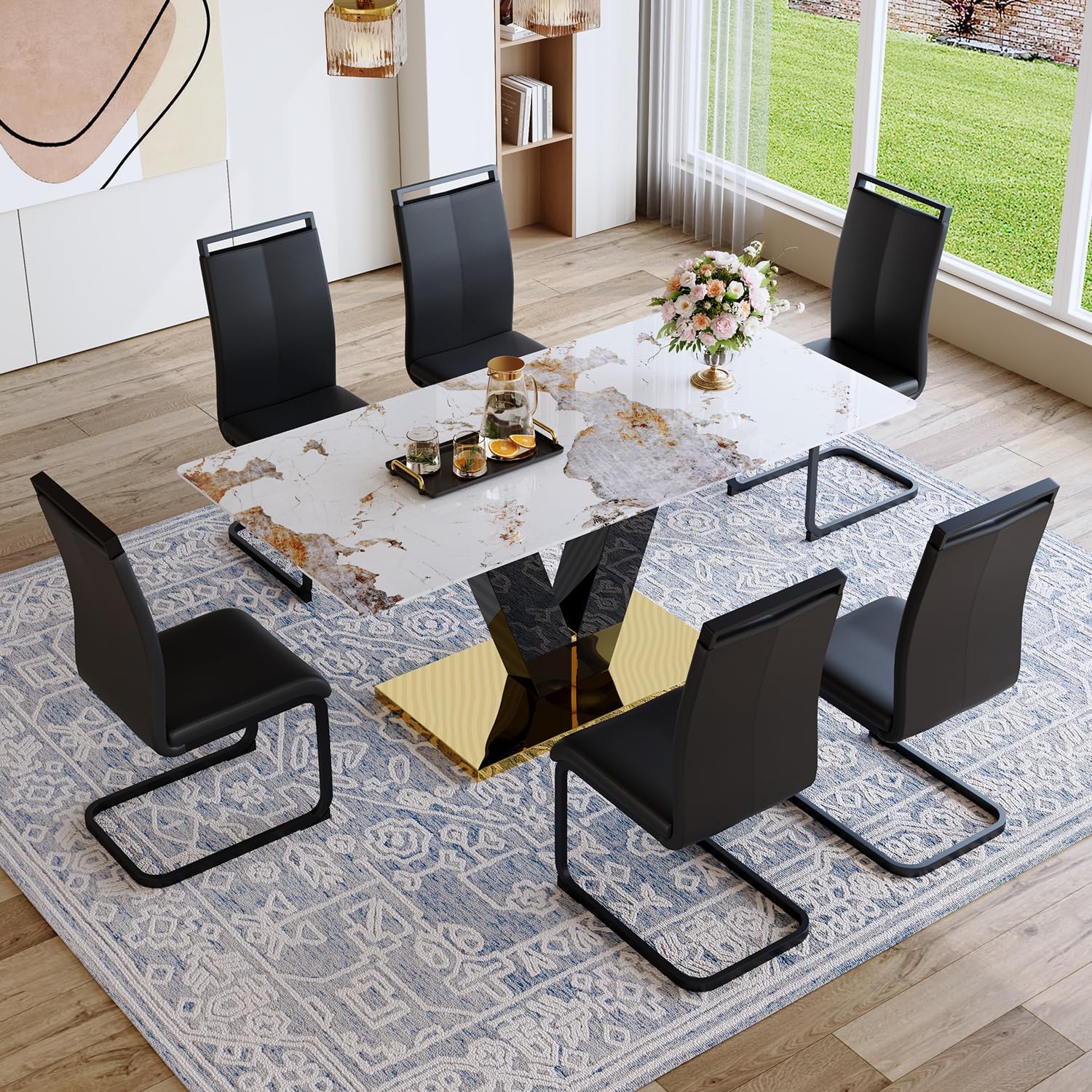 71” Dining Table Set for 6,Modern Dining Room Table Set for