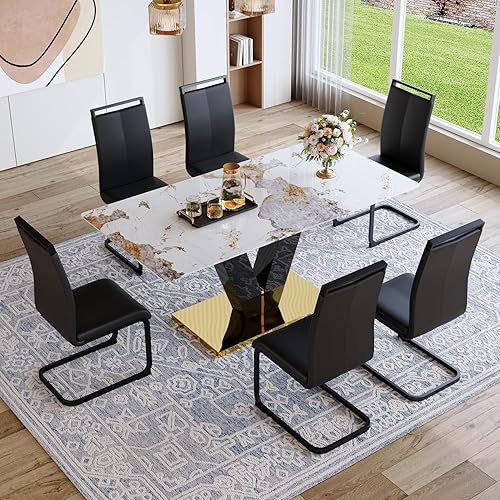 Miniatura 9 de Juego de mesa de comedor de 71 pulgadas para 6, moderno juego de mesa de comedor para 6, mesa de comedor de mármol con 6 sillas de comedor de piel