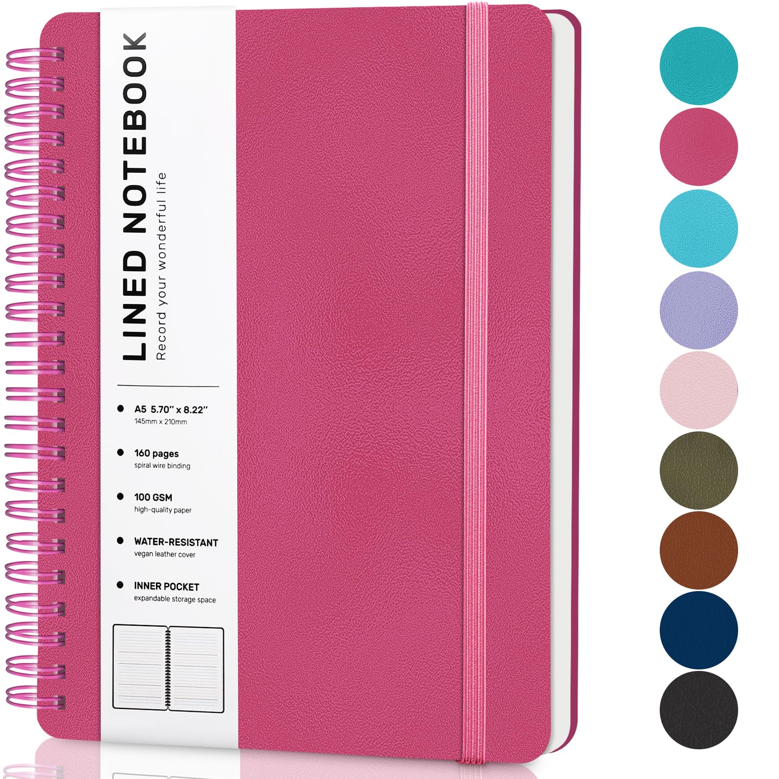 ABERLLS Deeppink Lined Spiral Journal Notebook, 160 Pages, 85.7in A5, for Work, School, Women, Men - College Ruled, Hardcover Leather Journal