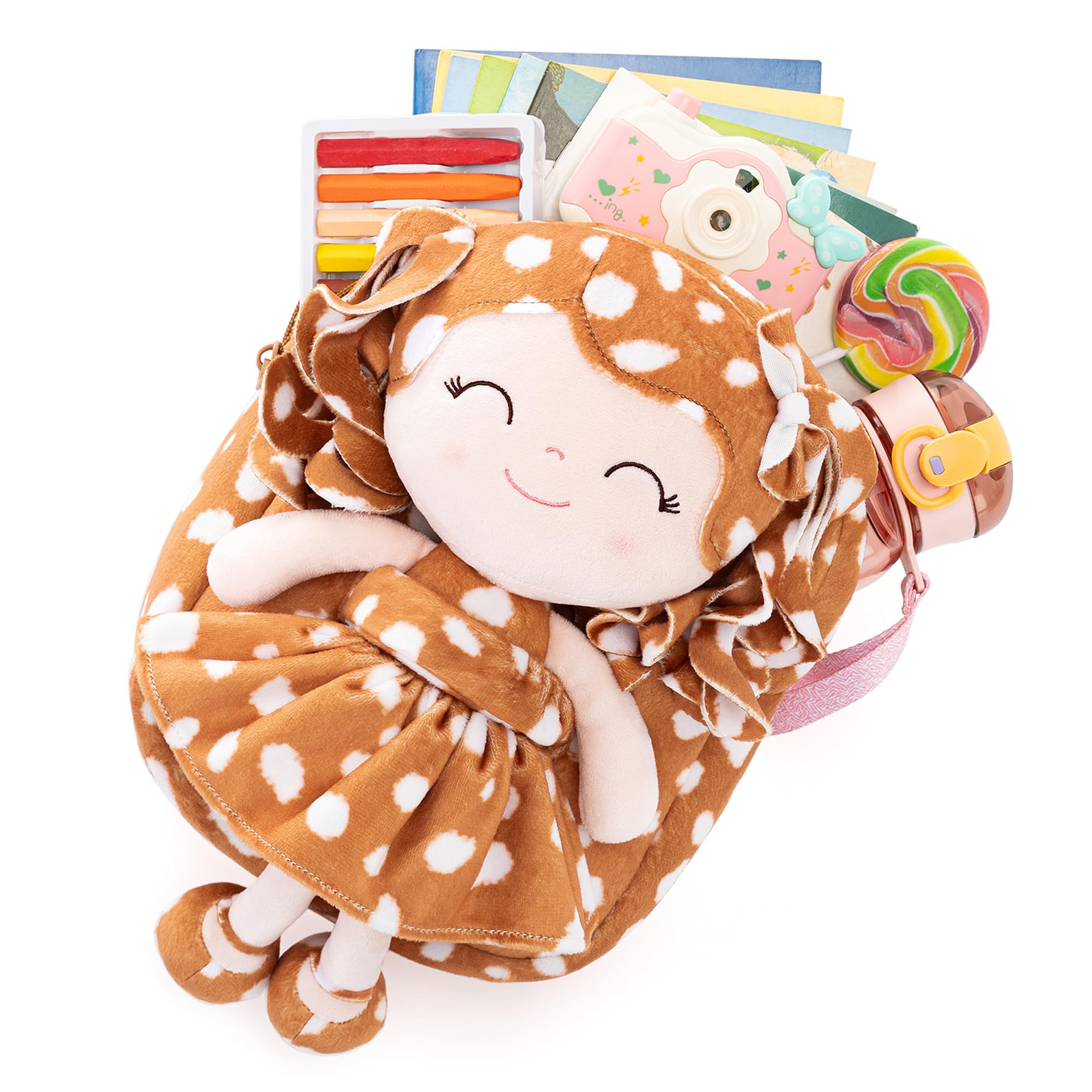 Gloveleya Toddler Backpack Baby Girl Gifts Curly Hair Plush Figure Dress Backpack Kids Backpack Curly Animal - Fawn 9 Inches