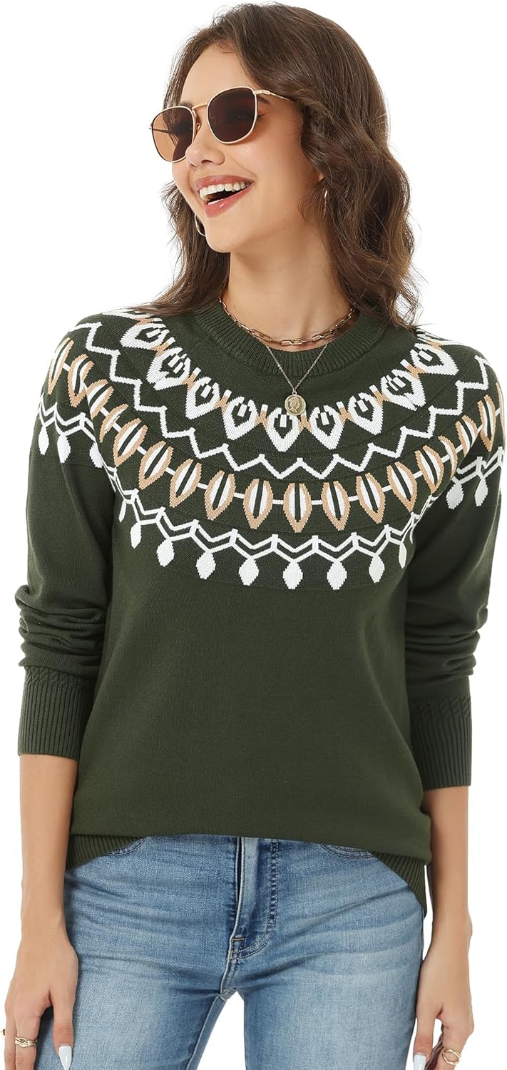 LOMON Womens Casual Lightweight Vintage Fair Isle Sweater Raglan Sleeve Crew Neck Knitted Pullover Comfy Warm Fall Tops - Image 3