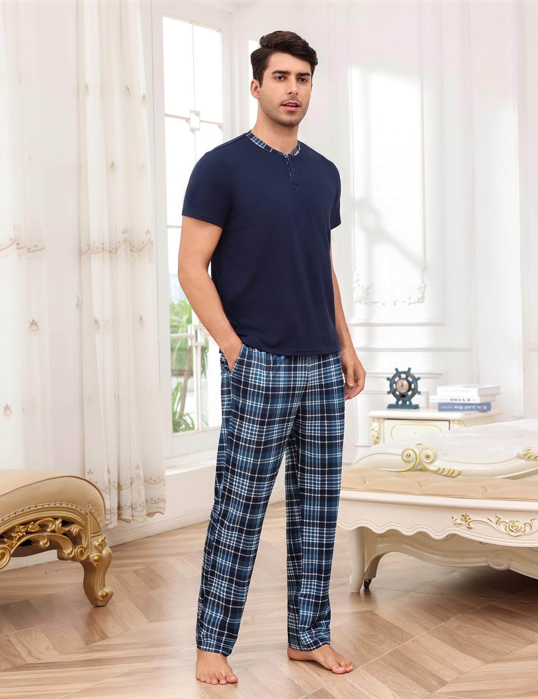 Aseniza Pigiama Uomo Top Girocollo a Maniche Corte e Pantaloni Lunghi a Quadri Pigiama da Due Pezzi Abbigliamento da Casa Comodo S-3XL
