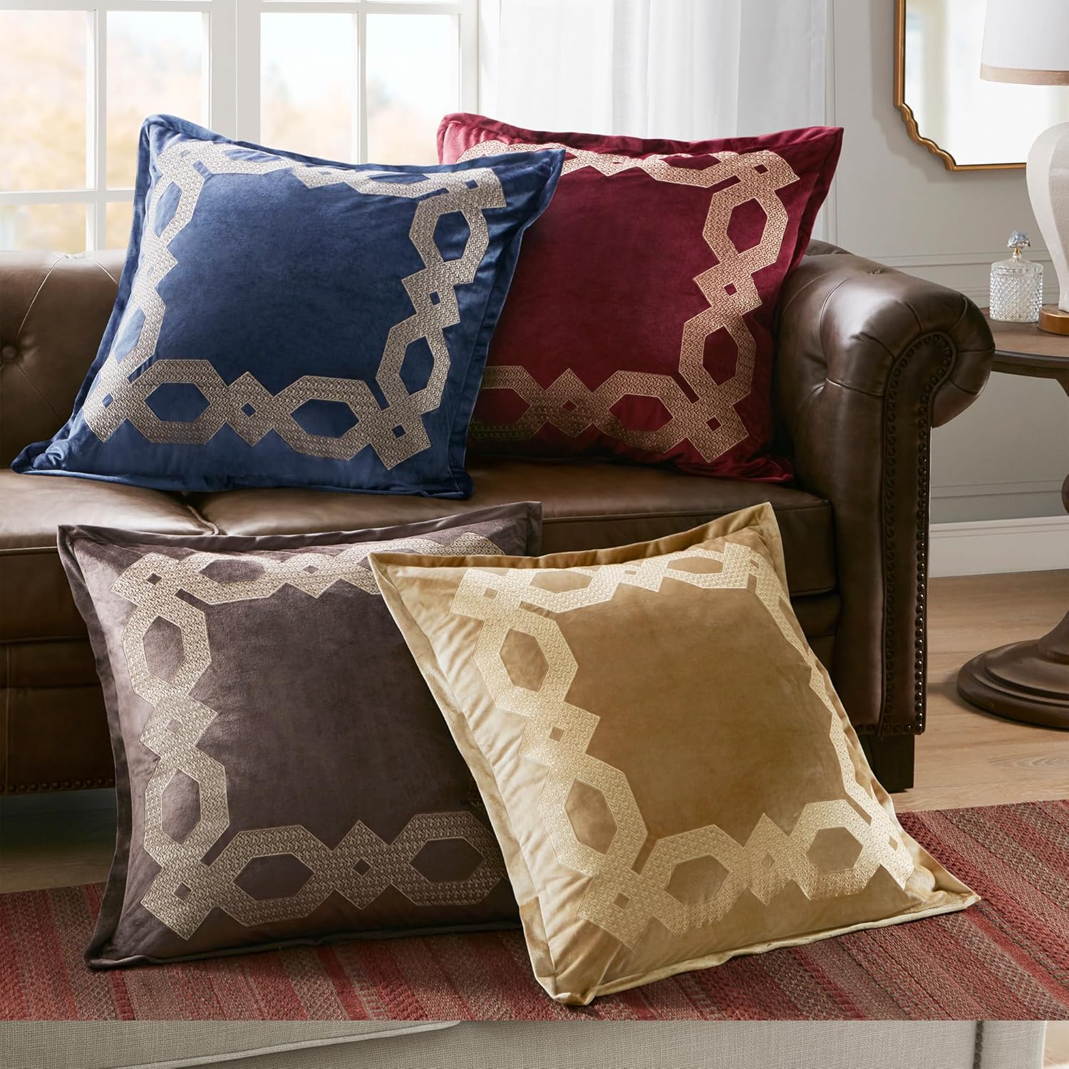 Croscill Classics Velvet Euro Sham, Regal Geometric Metallic Embroidery Design with Flange, Soft Velvet 26" x 26" Pillow Cover, Hidden Zipper Closure (Cushion NOT Included) Clermont, Navy 1 Piece
