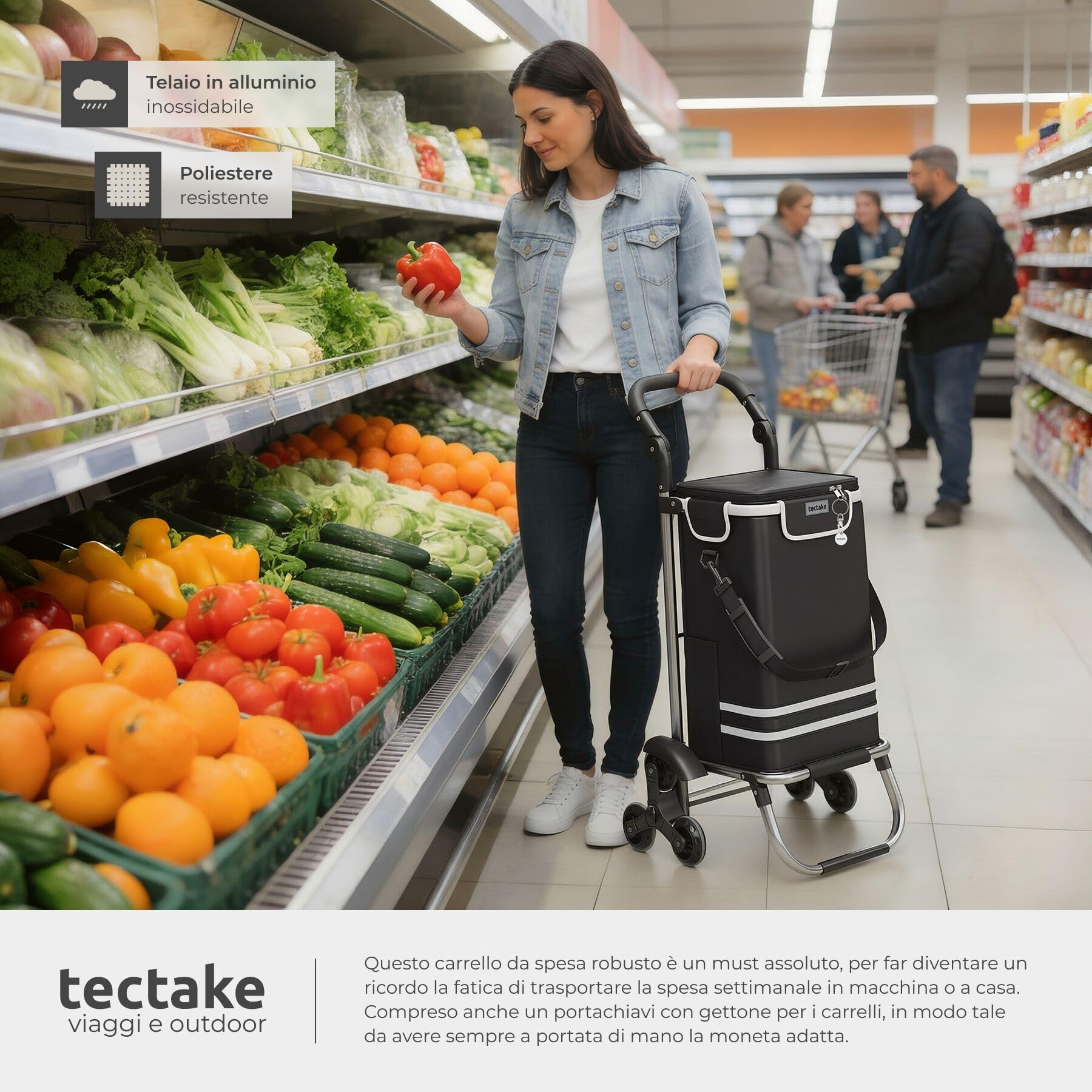 tectake® Carrello Spesa Shopper 3 in 1, Trolley Pieghevole con Borsa Termica per Surgelati, Carrello con Ruote Portatutto, Carrellino Spesa Con Ruote a Stella, Capacità max 30 kg / 56 L - Nero