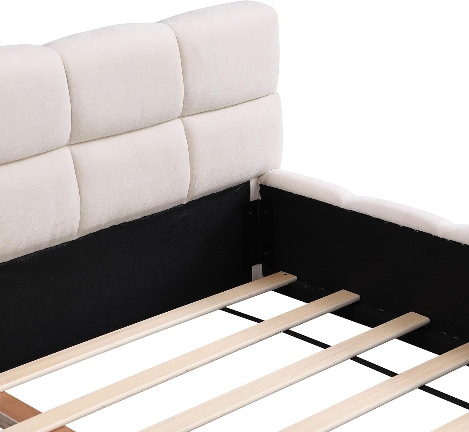 GDFStudio Upholstered Headboard Bed Frame Wood Bed Frame with Chenille Checkerboard Design Headboard Wooden Slats No Box Spring Needed Easy Assembly Platform Bed Beige, Queen