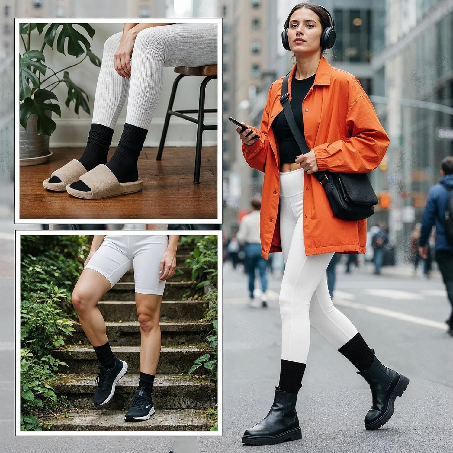 Ouligay 2 Pack Black Scrunch Crew Socks for Women Retro Cozy Slouchy Mid Calf Socks Solid Athletic Chunky Slouch Socks - Image 5