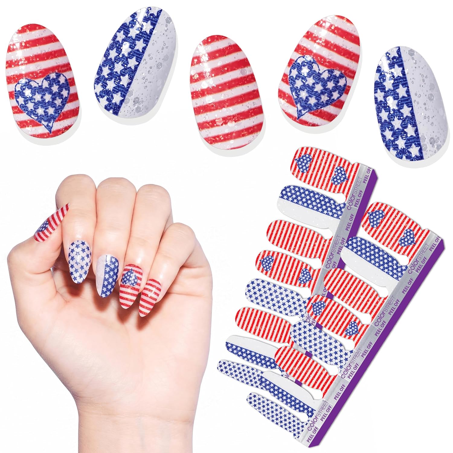 Color Street - All American - Red White Blue Stars Hearts Stripes Design, Patriotic Collection, Nail Polish Strips - 16 Double-Ended Strips
