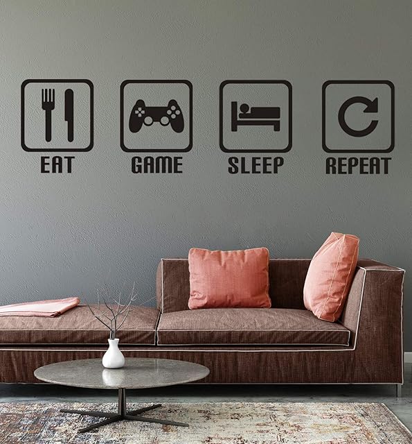 KAIRNE Eat Sleep Game Repeat Wall Sticker Gaming Gamer Wall Sticker Minecraft Game Room Decor Children Gift Nursery Boys Room Wall Vinyl Decal Lettering Stickers Home Decor