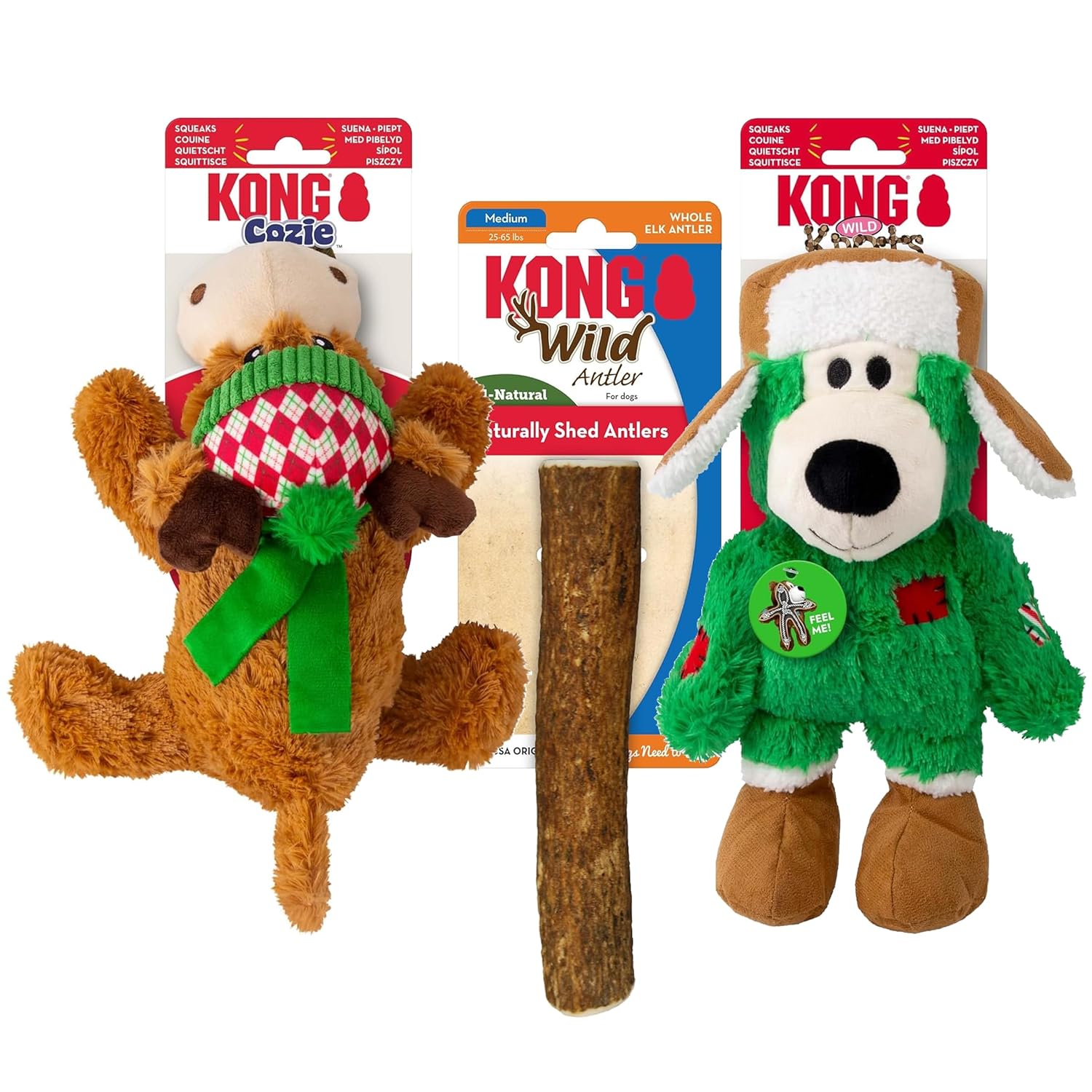 KONG Holiday Dog Toy Christmas Combo Pack Wild Knots Bear Whole Antler Chew Cozie Reindeer Medium Large