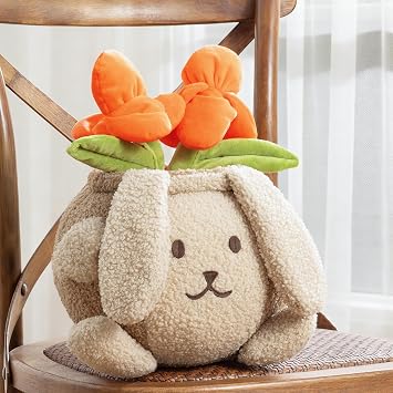Phantoscope Happy Easter Rabbit Shaped Throw Pillow, Teddy Fleece Soft Flower Pot Shaped Pillow with Adjustable Flower Decorative Pillows for Couch Sofa Bed Chair, Light Coffee, 8 x 8.5 inches