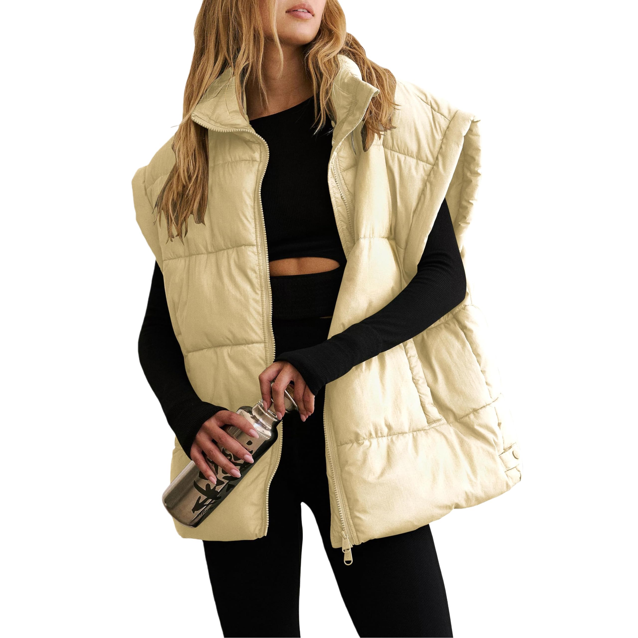 Damen Westen Damen Oversize Steppweste mit Stehkragen Kurzen Ärmeln Reißverschluss Winterweste Ärmellose Steppjacke Lässige Steppjacke mit Tasche