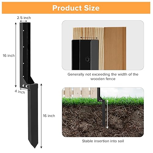 Miniatura 3 de Fence Post Repair Stakes Kit - Heavy Duty Steel Wooden Fence Post Repair Bracket Anchor with Anti-Rust - Quick Fix Broken and Leaning Wood Fence