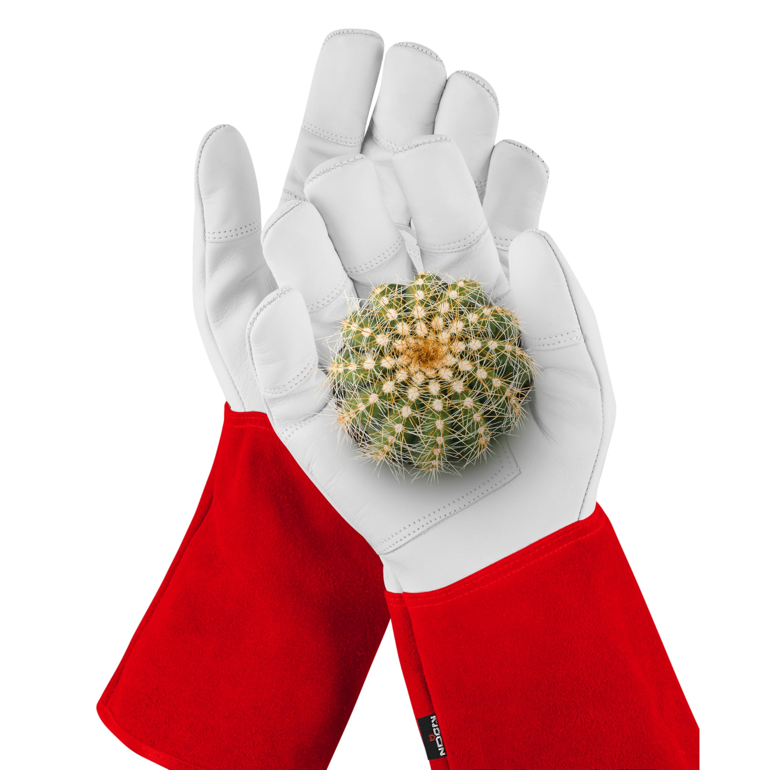 NoCry Leder Gartenhandschuhe für Damen und Herren - Dornenfeste Handschuhe mit extra langer Stulpe und verstärkten Handflächen und Fingerspitzen, Rot, Größe S