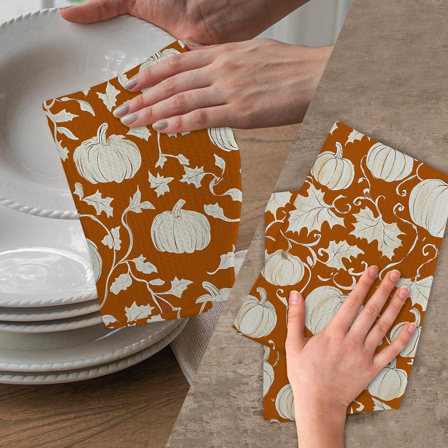Fall Pumpkin Kitchen Towels, Burnt Orange Fall Bathroom Decor, Pumpkin Hand Towels Set of 2, Pumpkins Leaf Hand Dish Tea Towel for Kitchen Bathroom Decor, Vintage Autumn Dish Towels, 16x24 Inch image 4