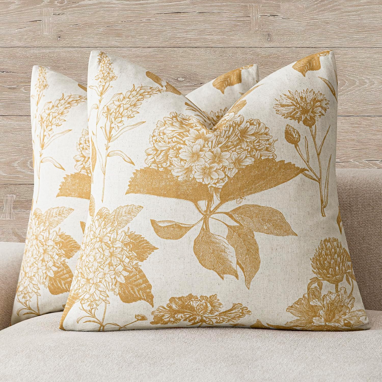 Foindtower Set of 2 Linen Floral Throw Pillow Covers Neutral Vintage Print Decorative Cushion Covers Farmhouse Boho Home Decor for Sofa Chair Couch Bedroom Living Room,22×22 Inch,Light Brown