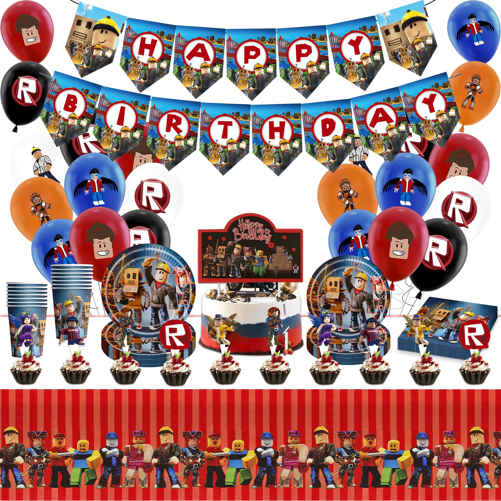 Gamer Party Decorations, Balloons Tableware Set - 95Pcs Birthday Decorations, Birthday Party Supplies, Plates Cups and Napkins and Tablecloth for boys Kids