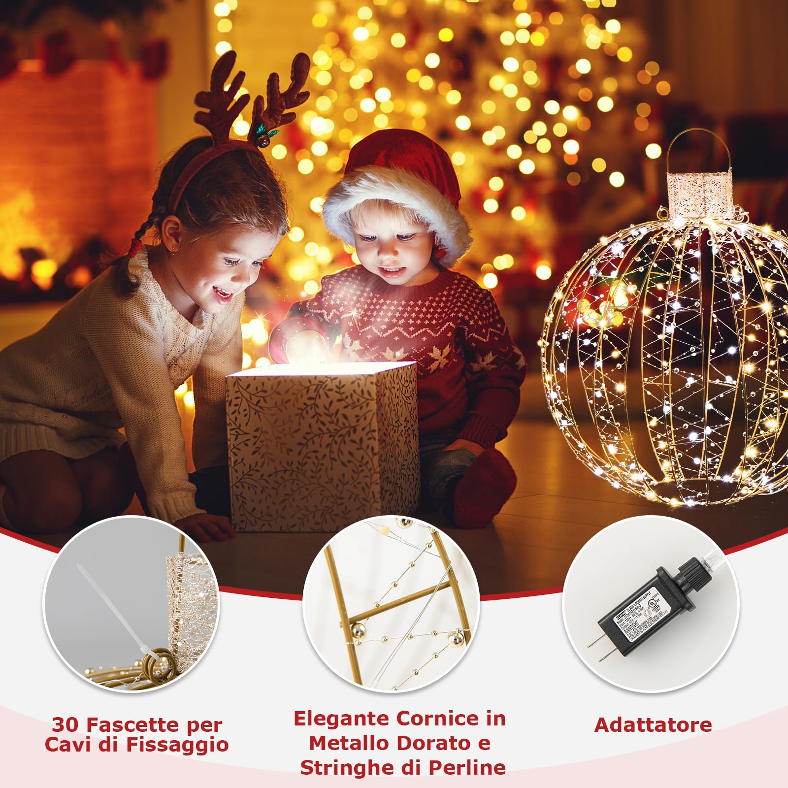 GYMAX Set di 3 Palle Luminose Natalizie a LED, Luce a Sfera da Appendere con 30 Fascette e 6 Picchetti, Globi Luminosi con Struttura in Ferro per Alberi, Prati e Giardini da Interno ed Esterno