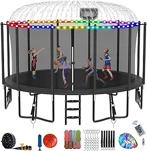 DeepRoar Tranpoline for Kids and Adults, 1500LBS 16FT 15FT 14FT 12FT 10FT 8FT Tranpoline with Basketball Hoop, Safety Enclosure Net, Heavy Duty Tranpoline with Light, Sprinkler, Socks, ASTM Approved