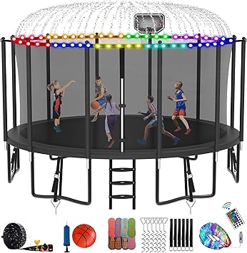 DeepRoar Tranpoline for Kids and Adults, 1500LBS 16FT 15FT 14FT 12FT 10FT 8FT Tranpoline with Basketball Hoop, Safety Enclosure Net, Heavy Duty Tranpoline with Light, Sprinkler, Socks, ASTM Approved