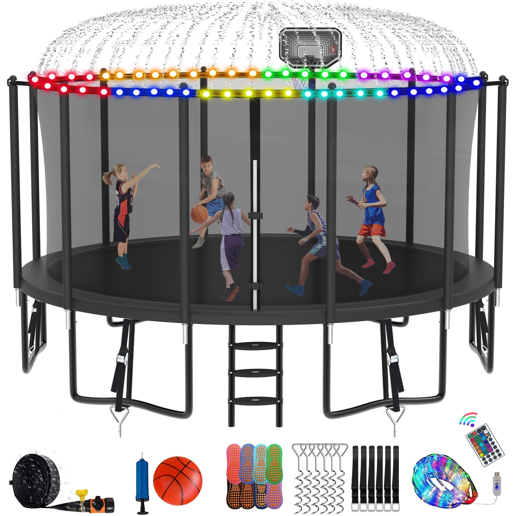 DeepRoar Tranpoline for Kids and Adults, 1500LBS 16FT 15FT 14FT 12FT 10FT 8FT Tranpoline with Basketball Hoop, Safety Enclosure Net, Heavy Duty Tranpoline with Light, Sprinkler, Socks, ASTM Approved