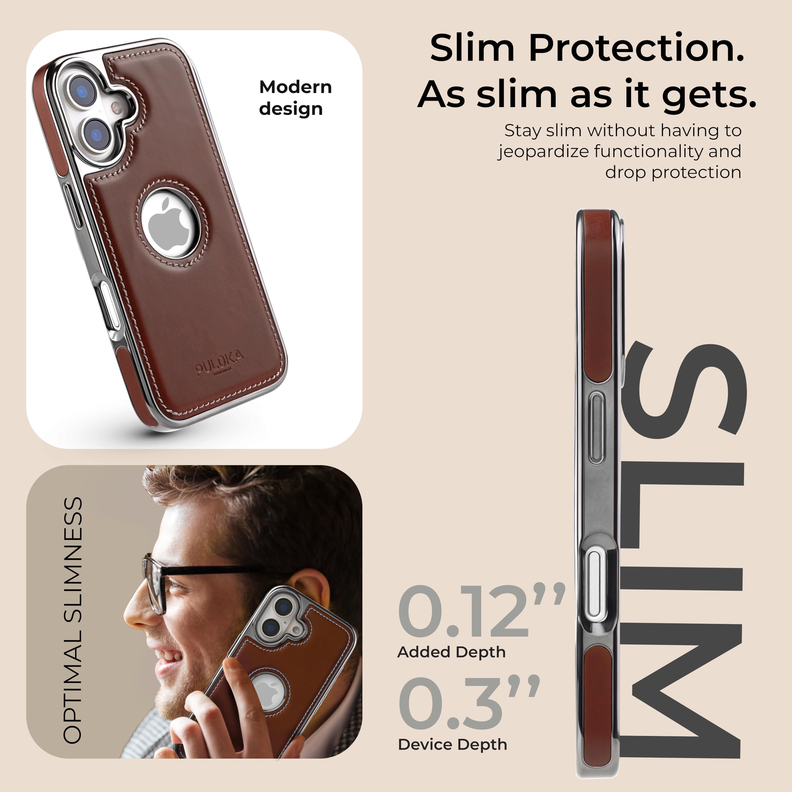 PULOKA Chrome Leather Back Case - Compatible with iPhone 17 - Premium Bumper Case - Flexible Vegan Leather - Electroplated Sides & Logocut - Full Camera Protection & Raised Edges - (Brown) — Amazon image 2
