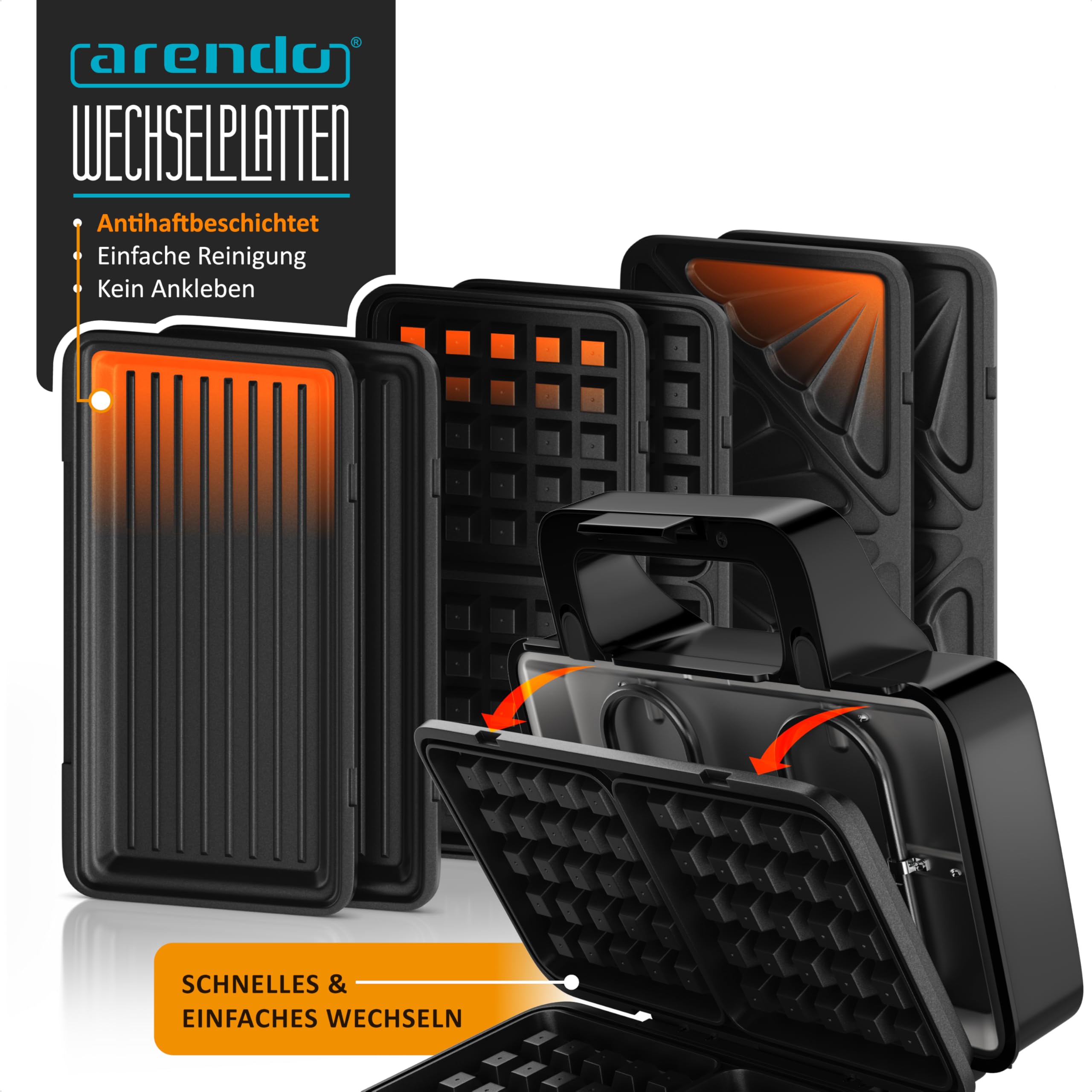 Arendo - Sandwichmaker 3 in 1 - mit Wechselplatten - Kontaktgrill – Waffeleisen – Sandwichmakler XXL - Antihaftbeschichtung – für Sandwiches, belgische Waffeln, Grillgut uvm - klein und kompakt