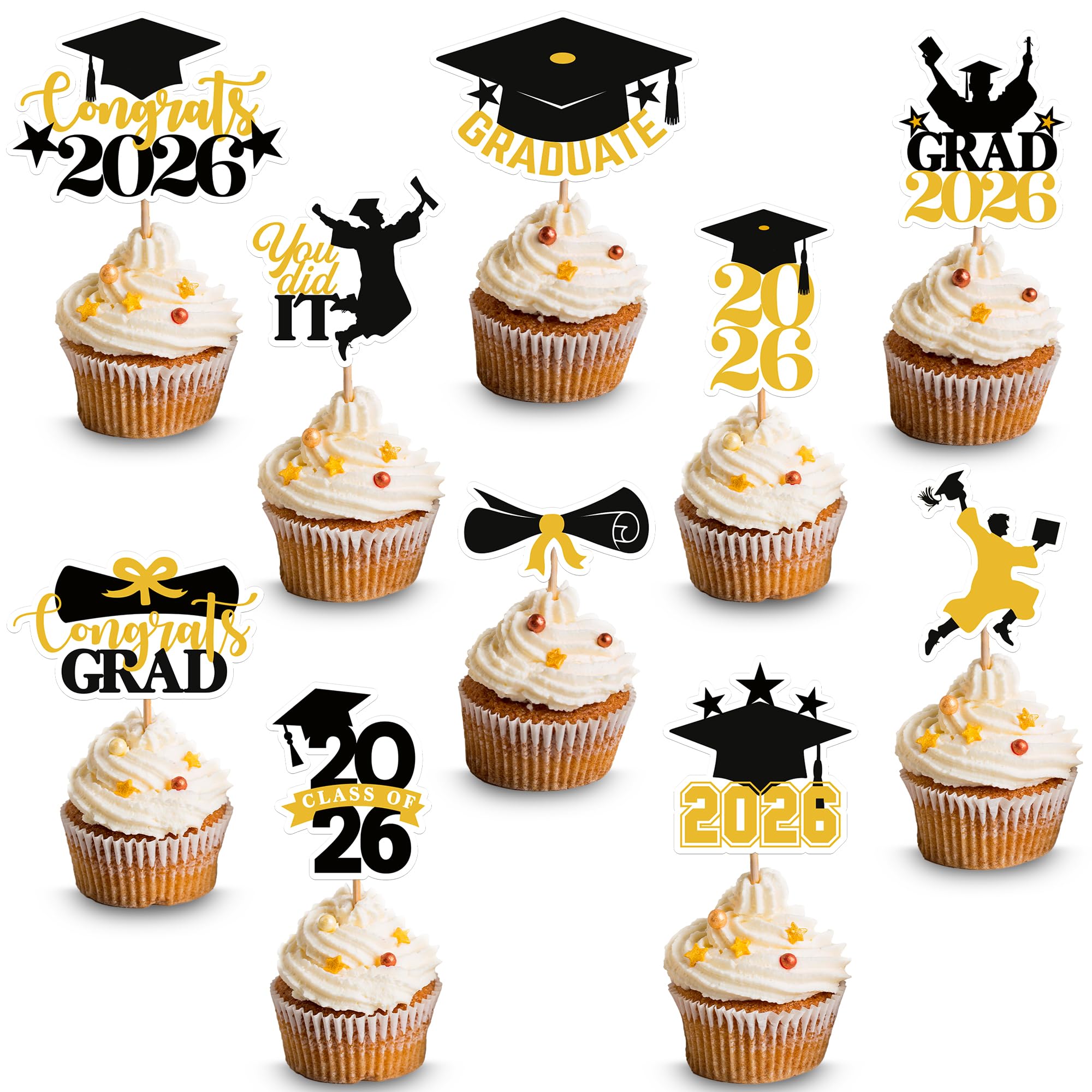 KatchOn, Black and Gold Graduation Cake Topper 2025 - Pack of 36, | Dessert Toppers for Class of 2025 Cake Topper | Cupcake Toppers, Graduations Cake Decorations for Graduation Decorations 2025