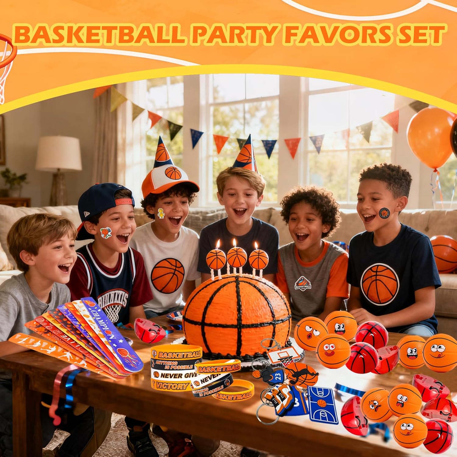 122 Pcs Basketball Party Favors for Kids - Themed Goodie Bag Set with 12 Funny Face Drawstring Bags & Stress Balls, Pull Back Cars, Wristbands, Slap Bracelets, Keychains, Stickers for Party Supplies - Image 2