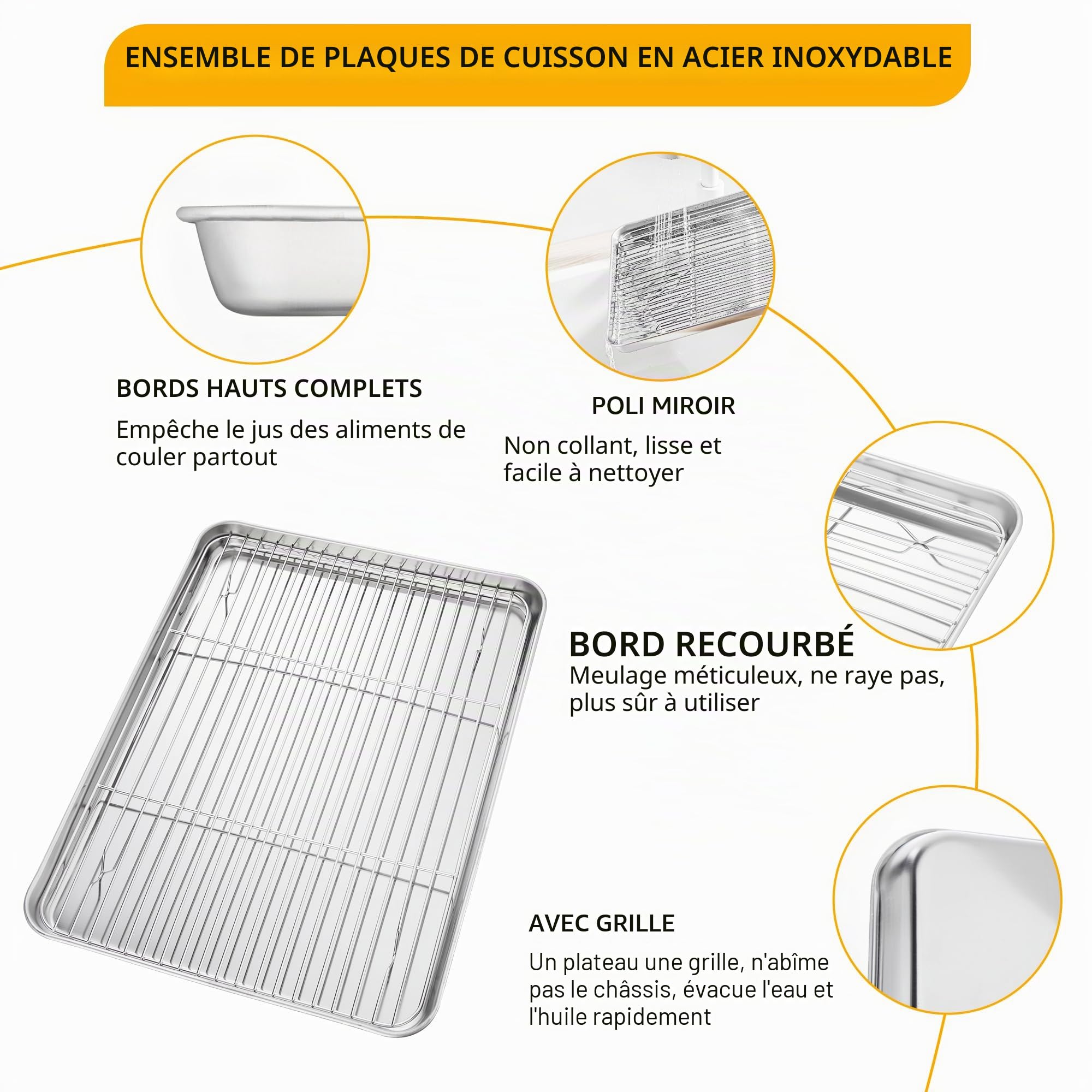 Velaze Plaque Pâtisserie et Grille INOX, Plaque de Cuisson avec Volette de 4 Pcs, Plateau Patisserie sans Revêtement, Plat à Rôtir de 40cm x 30cm