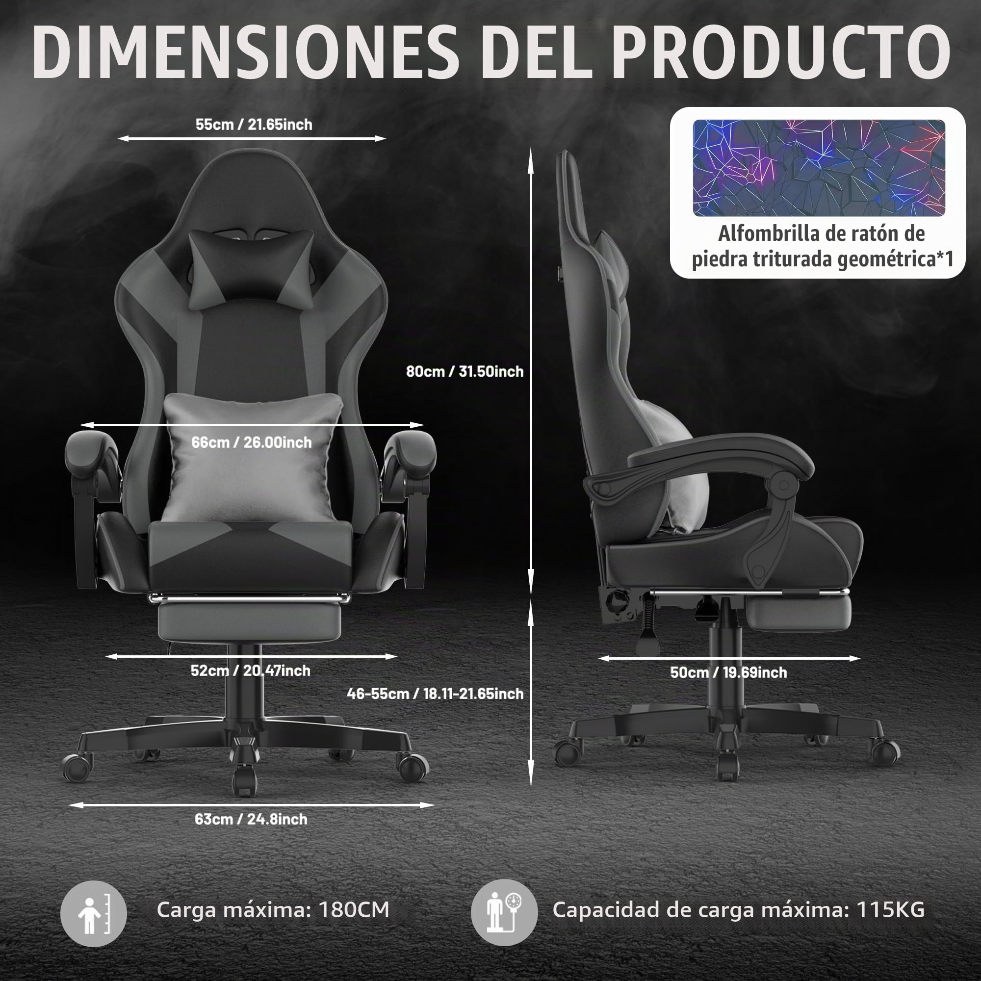 Soontrans Silla Gaming Ergonómica, Silla Gamer con Alfombrilla de Ratón, Reposapiés, Reposacabezas, Cuero sintético, Altura Ajustable, Cadeira Gaming para Escritorio, Juegos Online (Negro grisáceo)