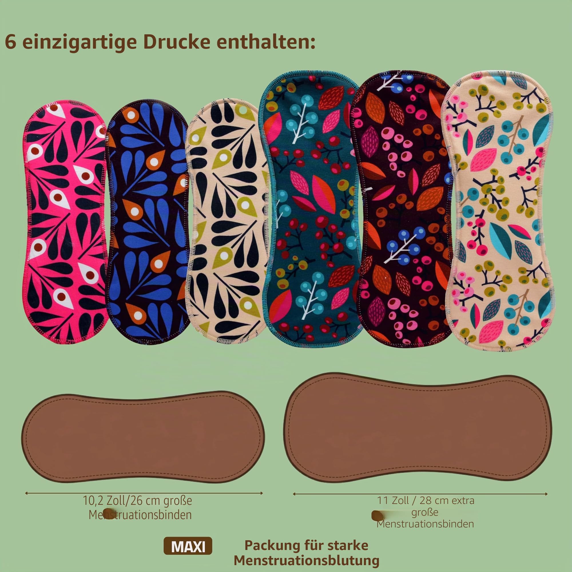 Made in EU – Waschbare Stoffbinden aus Bio-Baumwolle, saugstark für starke Tage & Inkontinenz (6er Set L+XL) – Dünn, atmungsaktiv & mit sicherem Halt; wiederverwendbare Periodenbinden für Frauen