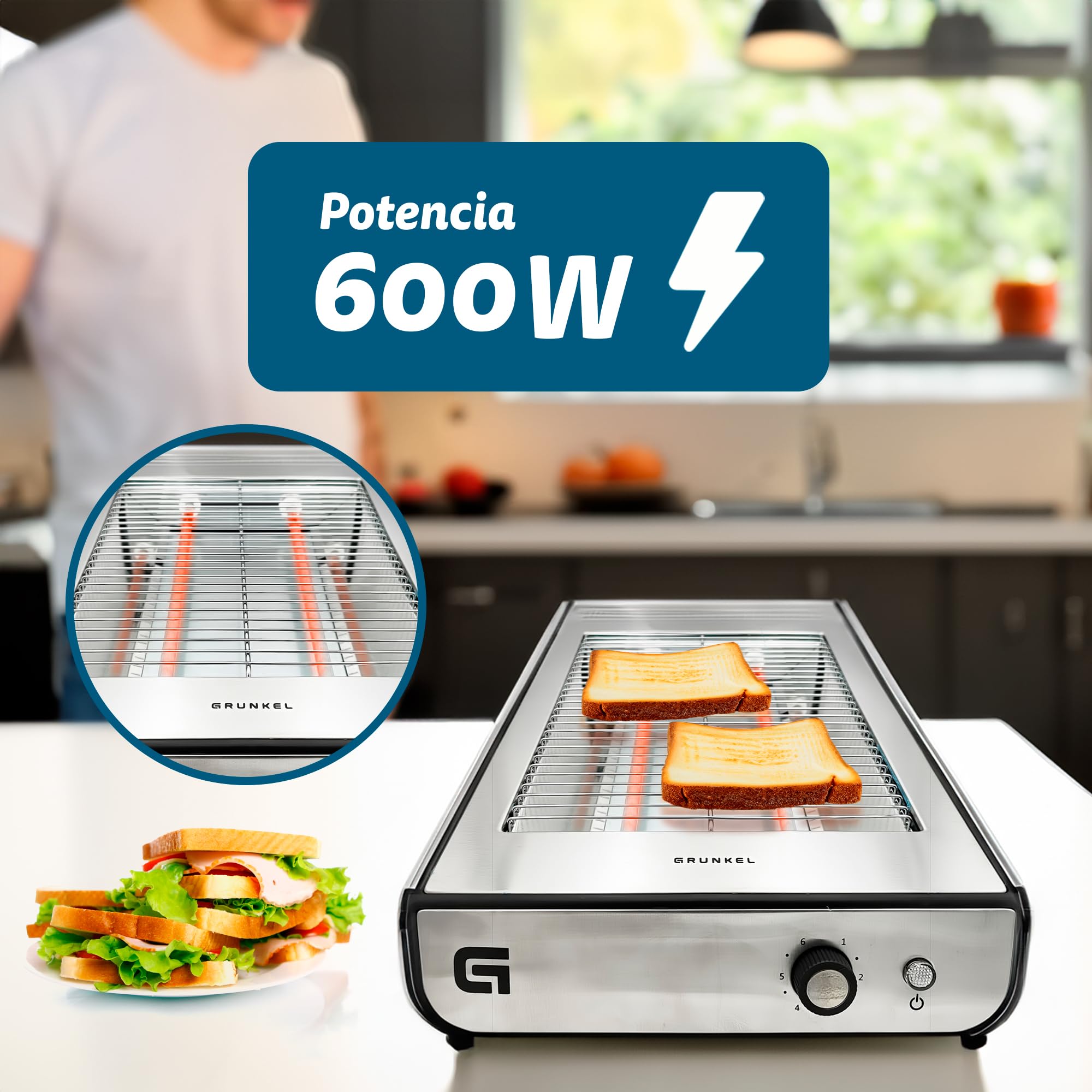 Grunkel - Tostapane per pane piatto per 4 fette da 600w TSP-INOX con 6 livelli di timer e segnale acustico di completamento. Include vassoio raccogli briciole rimovibile (Inox)