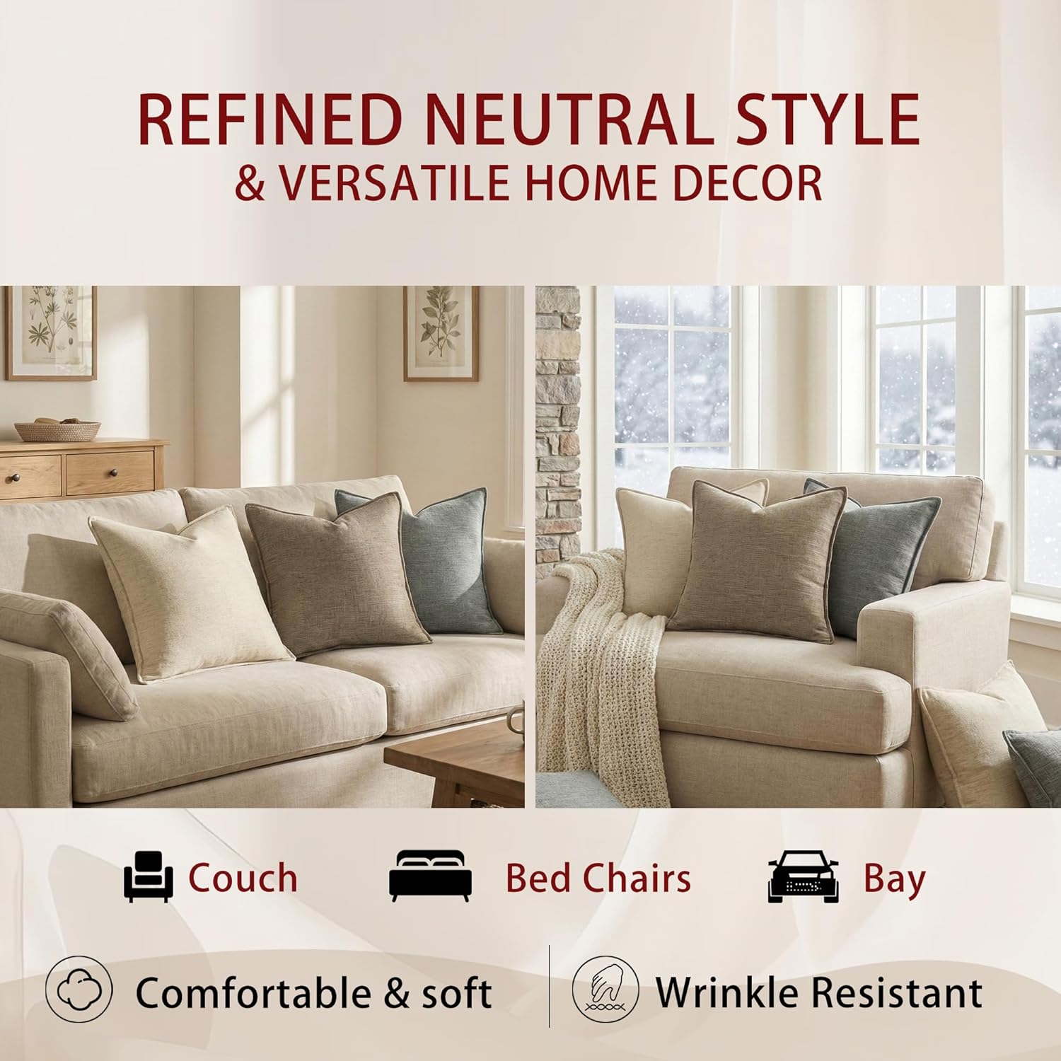 Pack of 2 Square Decorative Vintage Throw Pillow Covers 18x18 inch, Pottery Brown Chenille Linen Blend, Ultra Soft Extra Thick Luxury Neutral Cushion Covers for Sofa Bed, Modern Boho Farmhouse Decor - Image 5