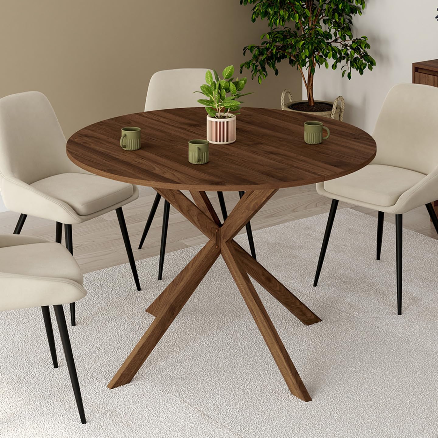 IDMarket - Table à Manger Ronde Alix 6 Personnes Pied araignée Noyer 110 cm
