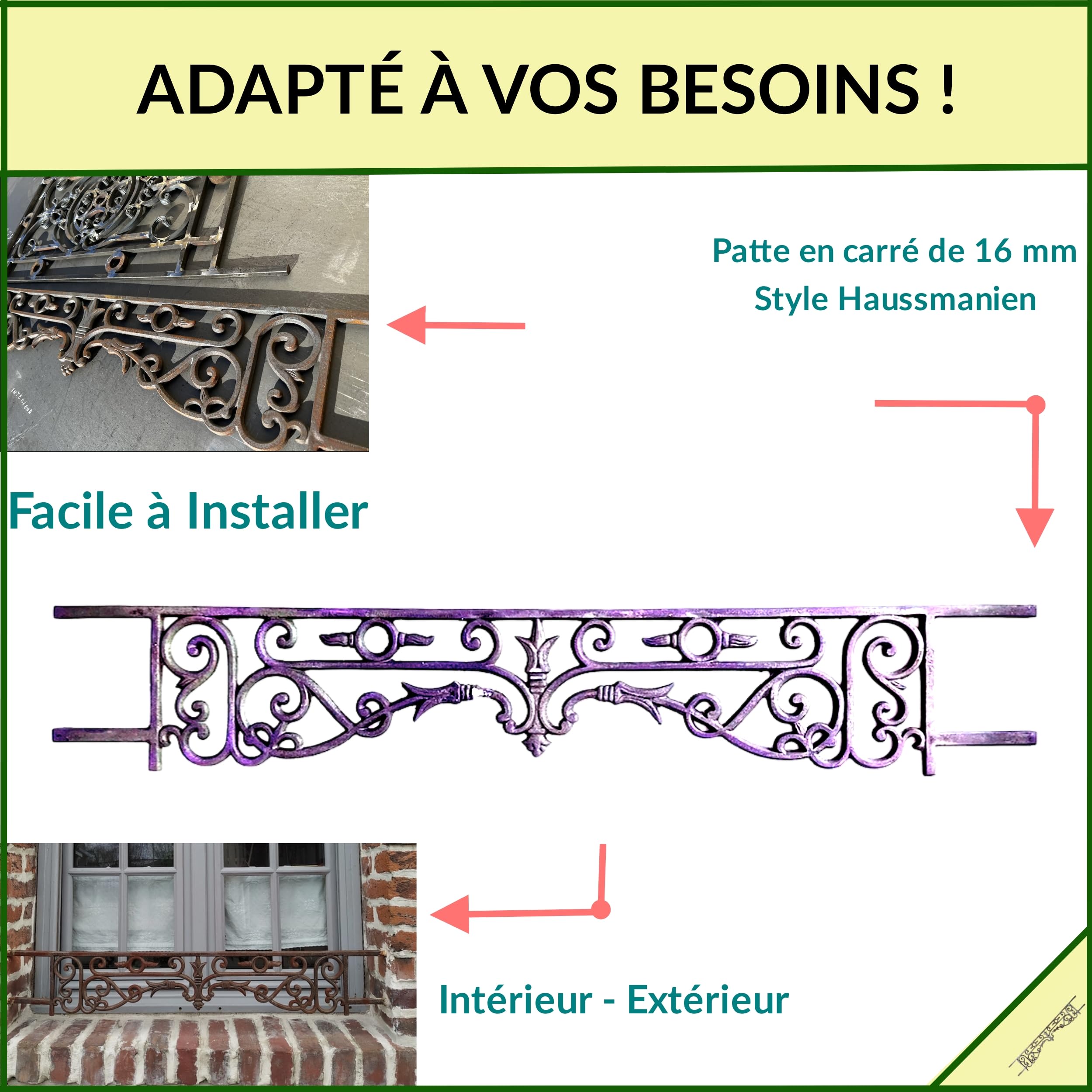Déco fer Forgé- APPUI DE FENETRE- ADESTOCKFONTE2026- Grille Protection à Sceller 1500 mm x 240 mm-Porte Balcon Fenetres- Garde Corps Carré diam 16 mm- Style Haussmannien Exterieur Utilisation Facile