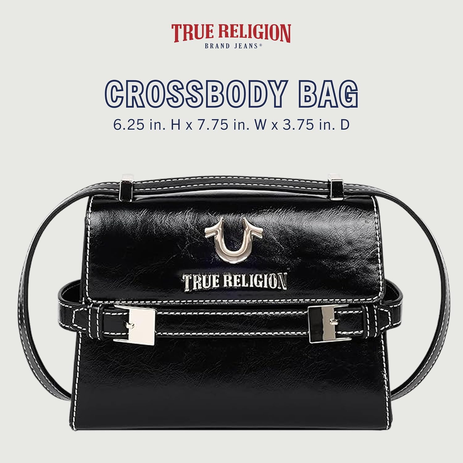 True Religion Crossbody Bag, Buckle Tab Flap Purse with Contrast Stitching, Multi-Compartment Interior and Silver Hardware, Black - Image 2