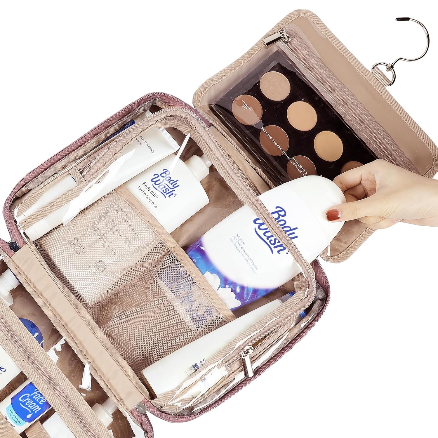 NISHEL Travel Toiletry Bag for Women, Makeup Essentials Organizer, Hanging Case for Accessories, Cosmetics, Large Size, Rosewood-Pink - Image 4