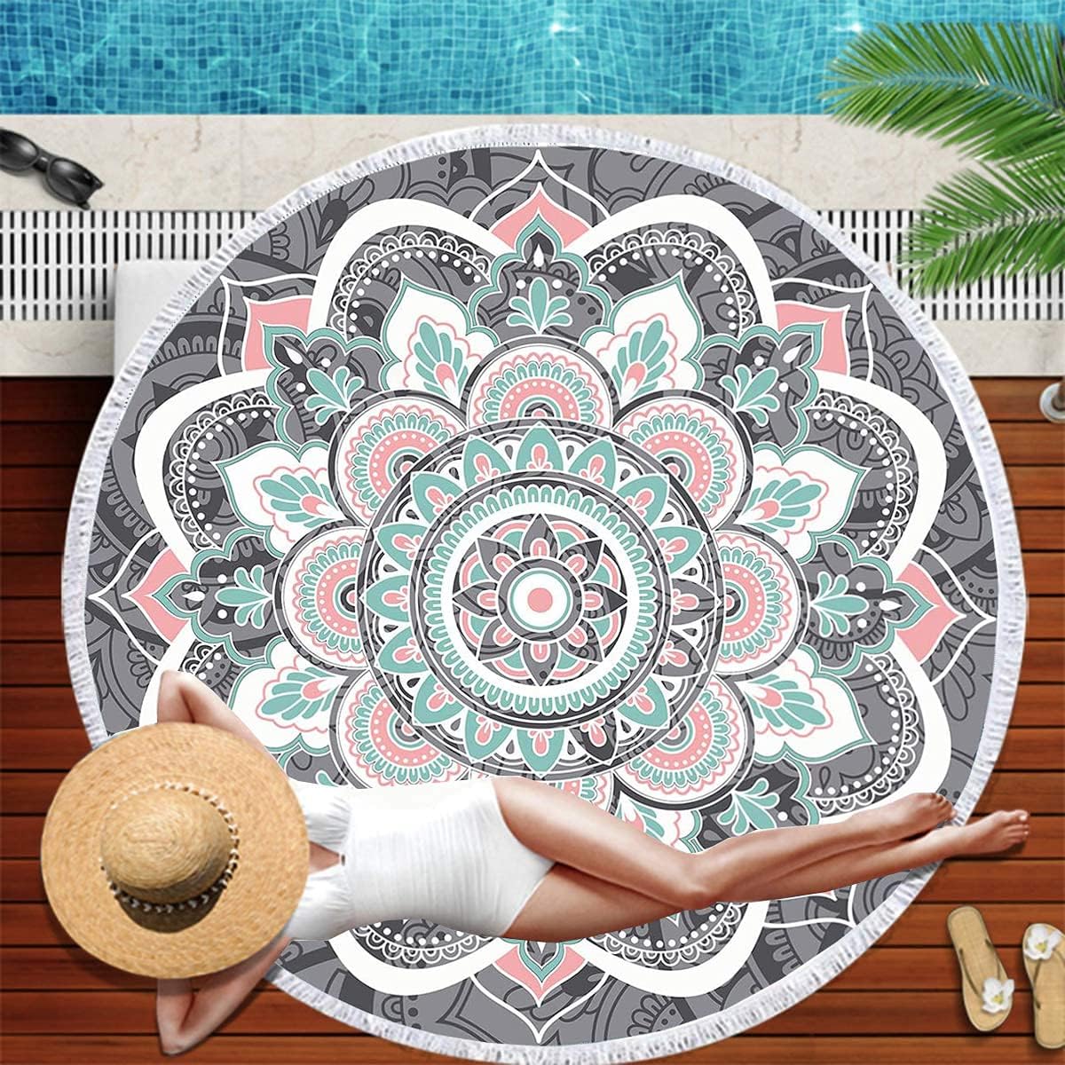 ZZYD Large & Thick Round Beach Towel Bohemian Mandala Round Blanket with Tassels Soft Absorbent Quick Dry Multipurpose Picnic Table Cloth Yoga Mat Blanket Hippy Boho Gypsy Wall Decor Tapestry(59 inch)