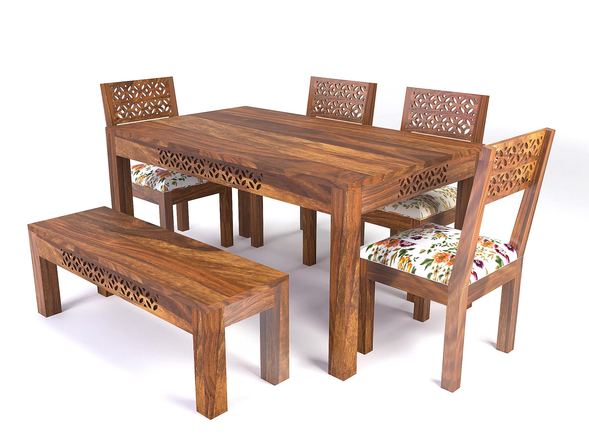 Custom Decor Solid Wood Dining Table 6 Seater | Six Seater Dinning Table with 4 Chairs & 1 Bench for Home & Restaurant | Dining Room Set | Sheesham Wood, Honey Finish (6 Seater, Honey with Cushion)